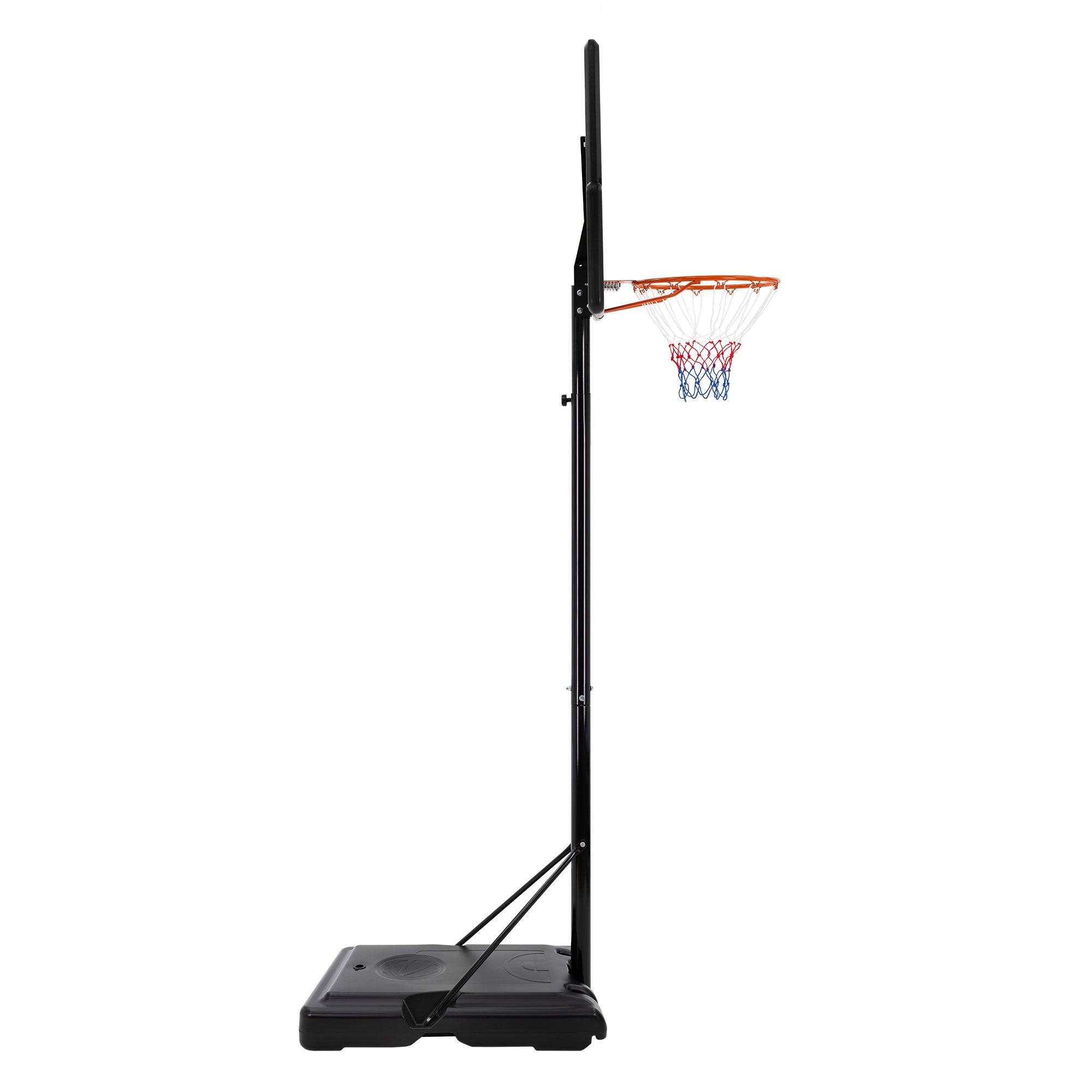 Basketball hoop from the side, with orange net and black base.