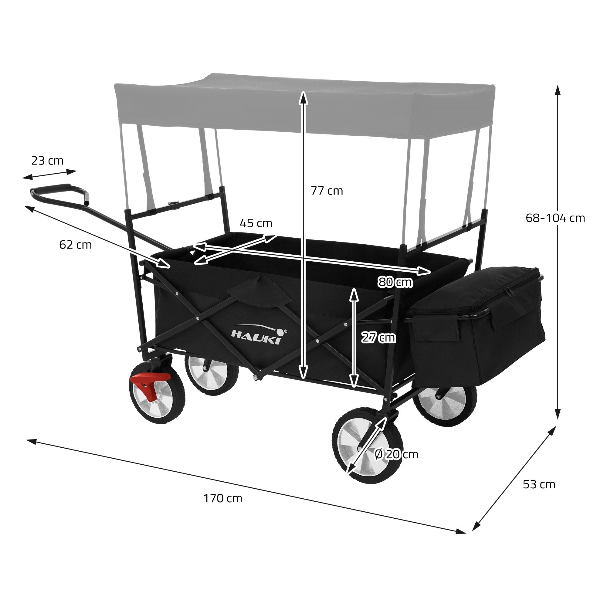 Faltbarer Wagen mit Maßen und Details, schwarz mit Sonnendach.