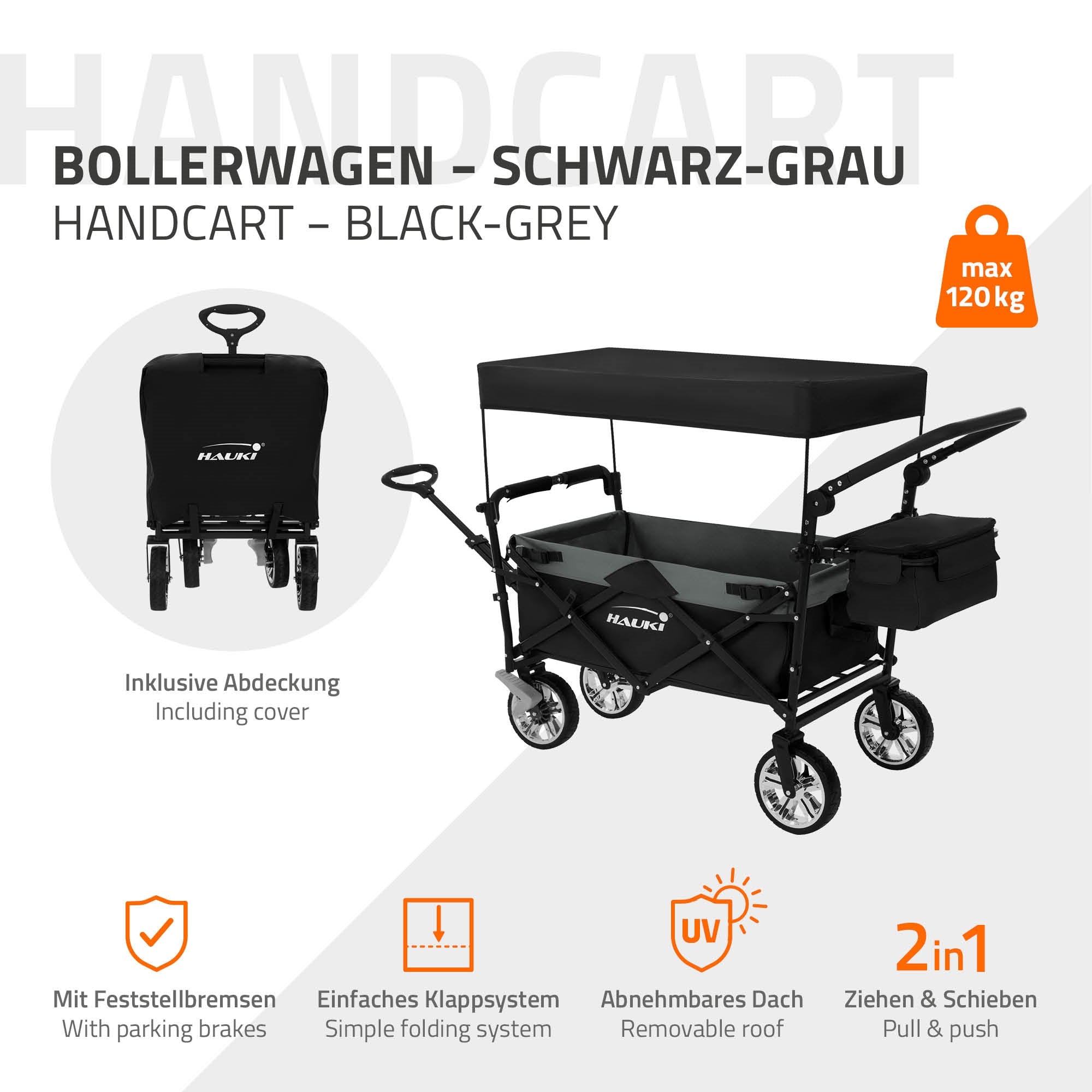 Bollerwagen in Schwarz-Grau mit Abdeckung, klappbar, 2-in-1 Funktion.