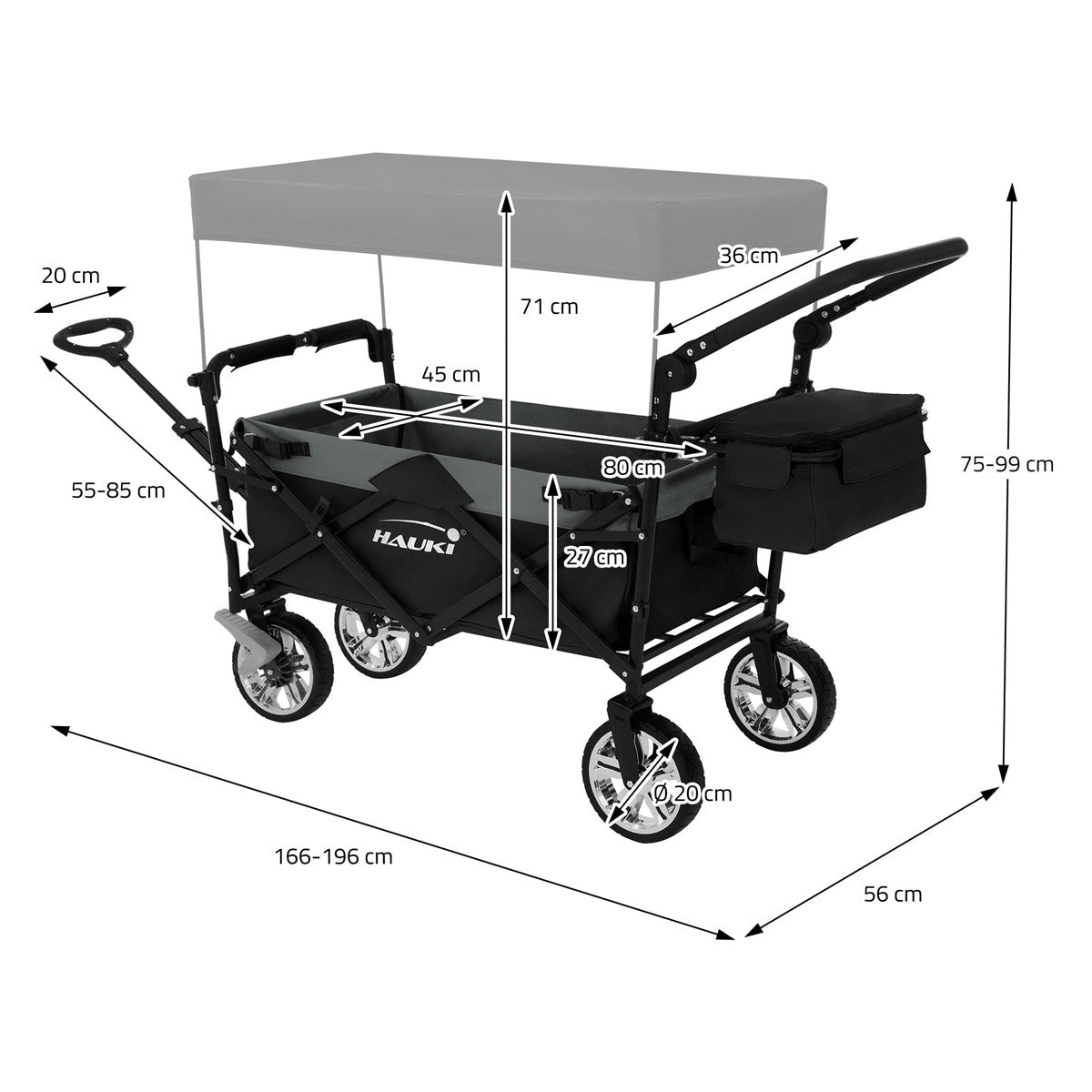 Bollerwagen mit Maßen und Abmessungen, schwarz mit Sonnendach.