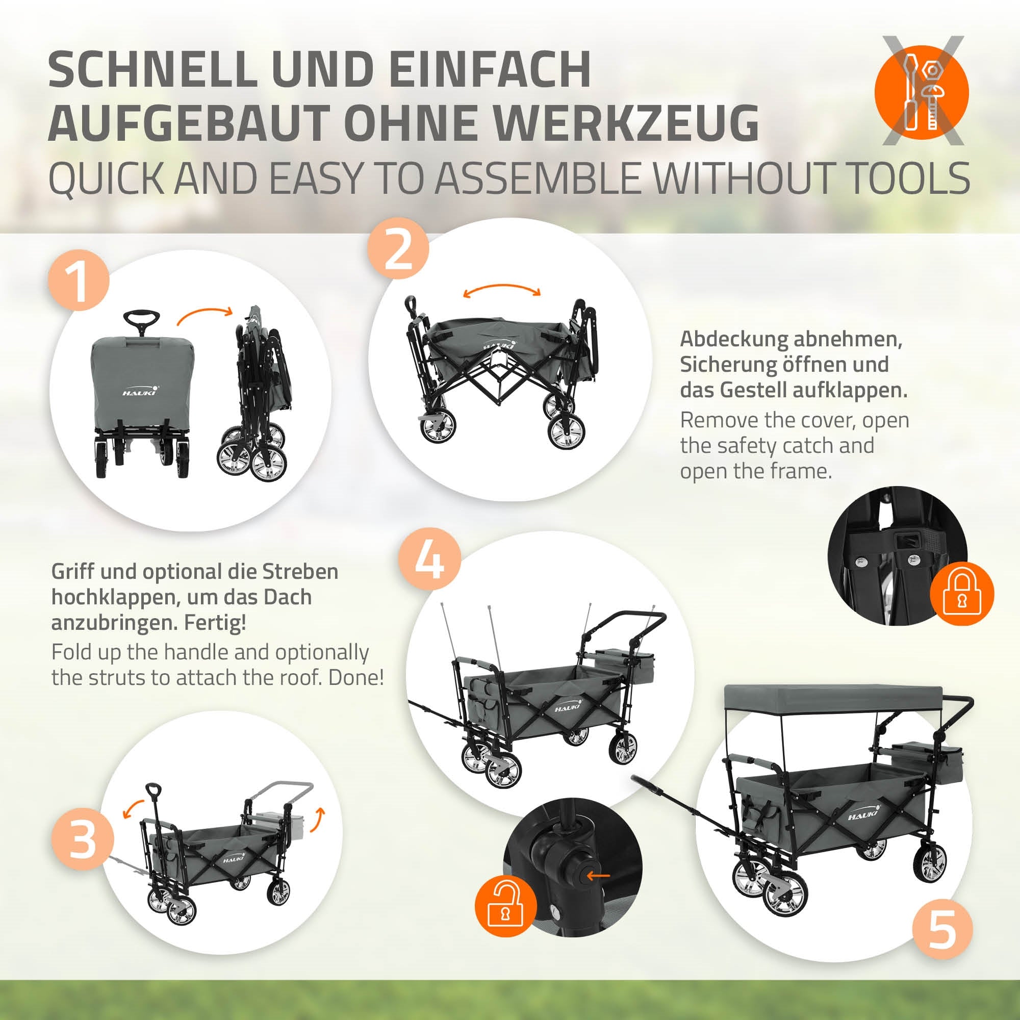 Anleitung zur Montage eines Kinderwagens ohne Werkzeuge.
