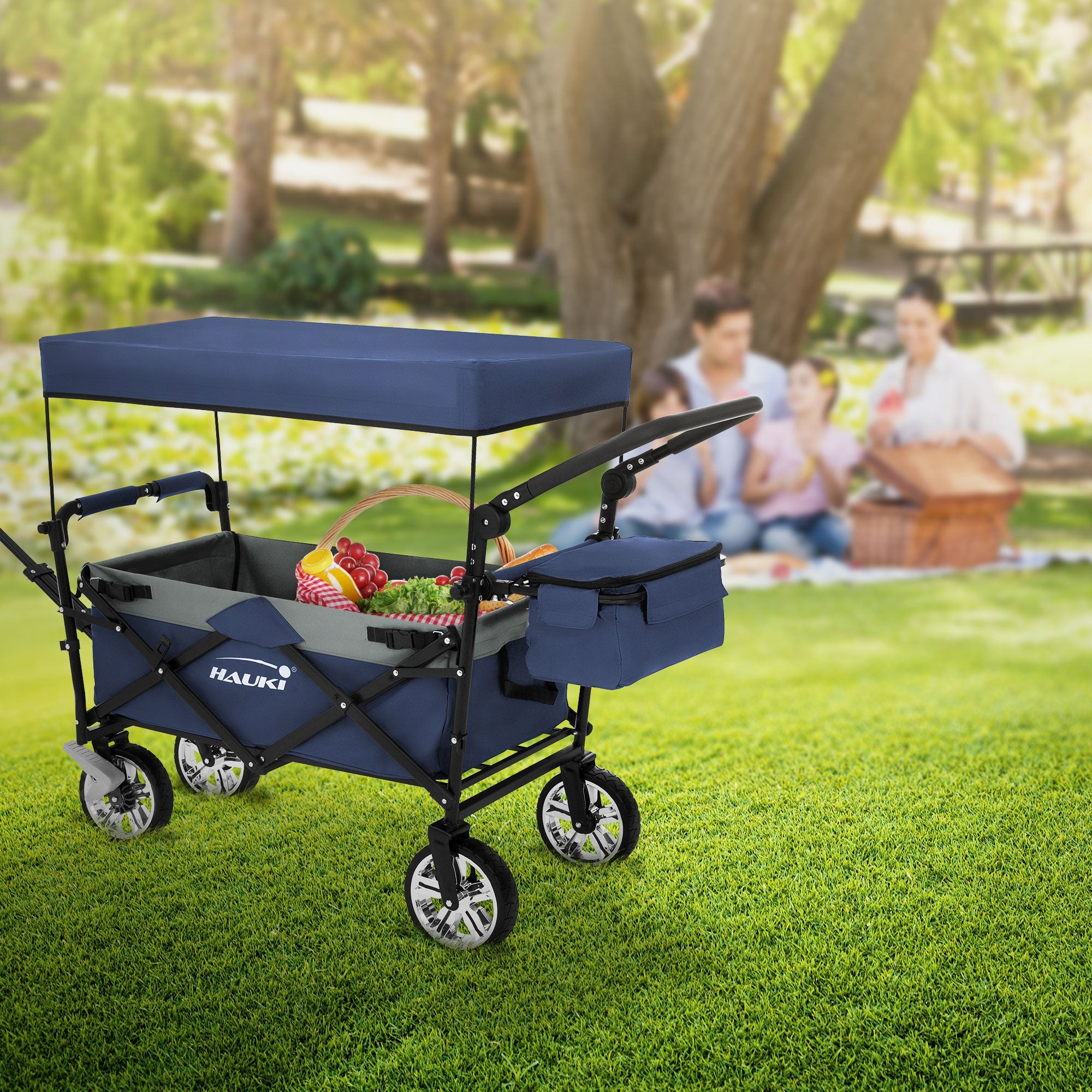 Kinderwagen mit Obstkorb im Park, Familie im Hintergrund beim Picknick
