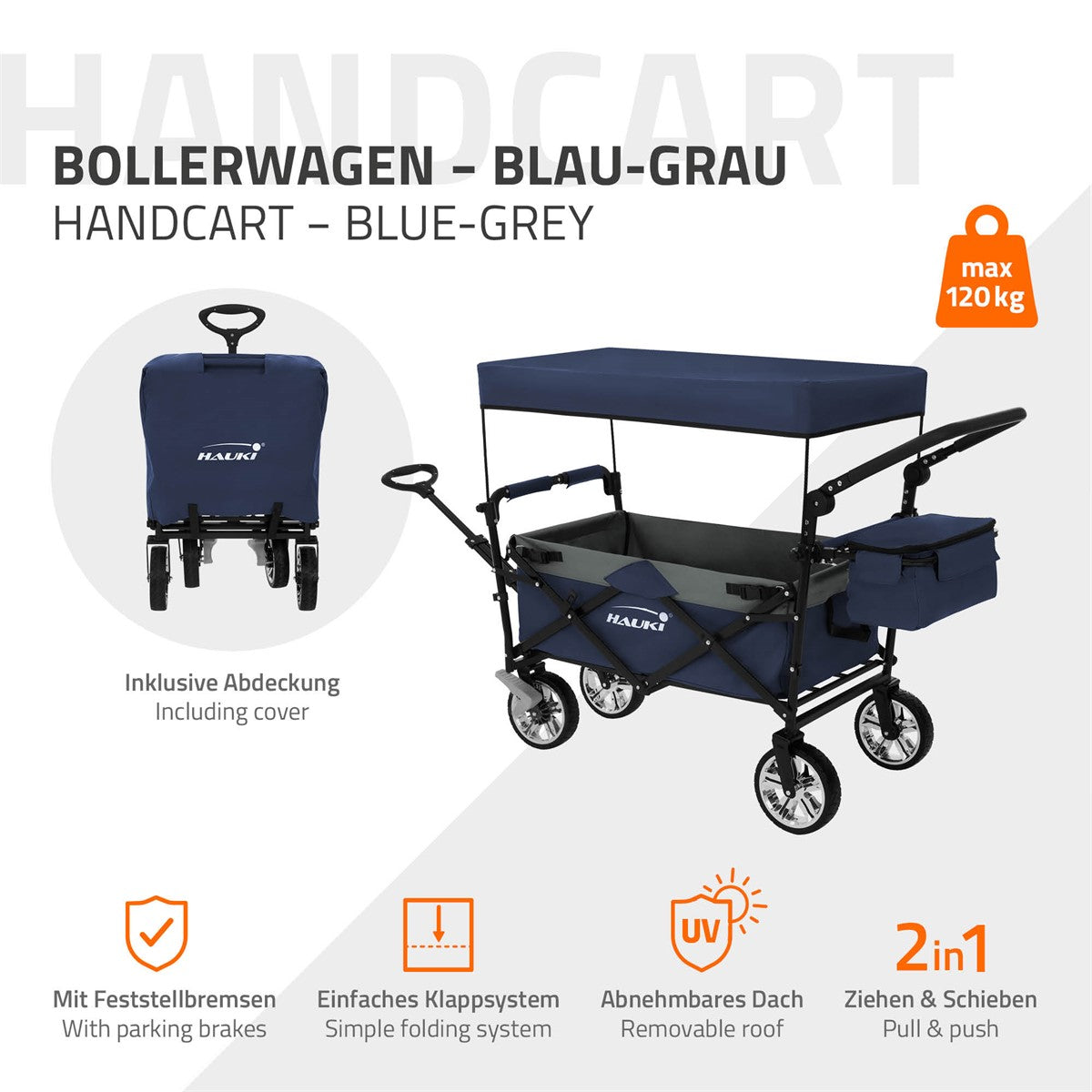 Bollerwagen in blau-grau mit Abdeckung und Klappmechanismus.