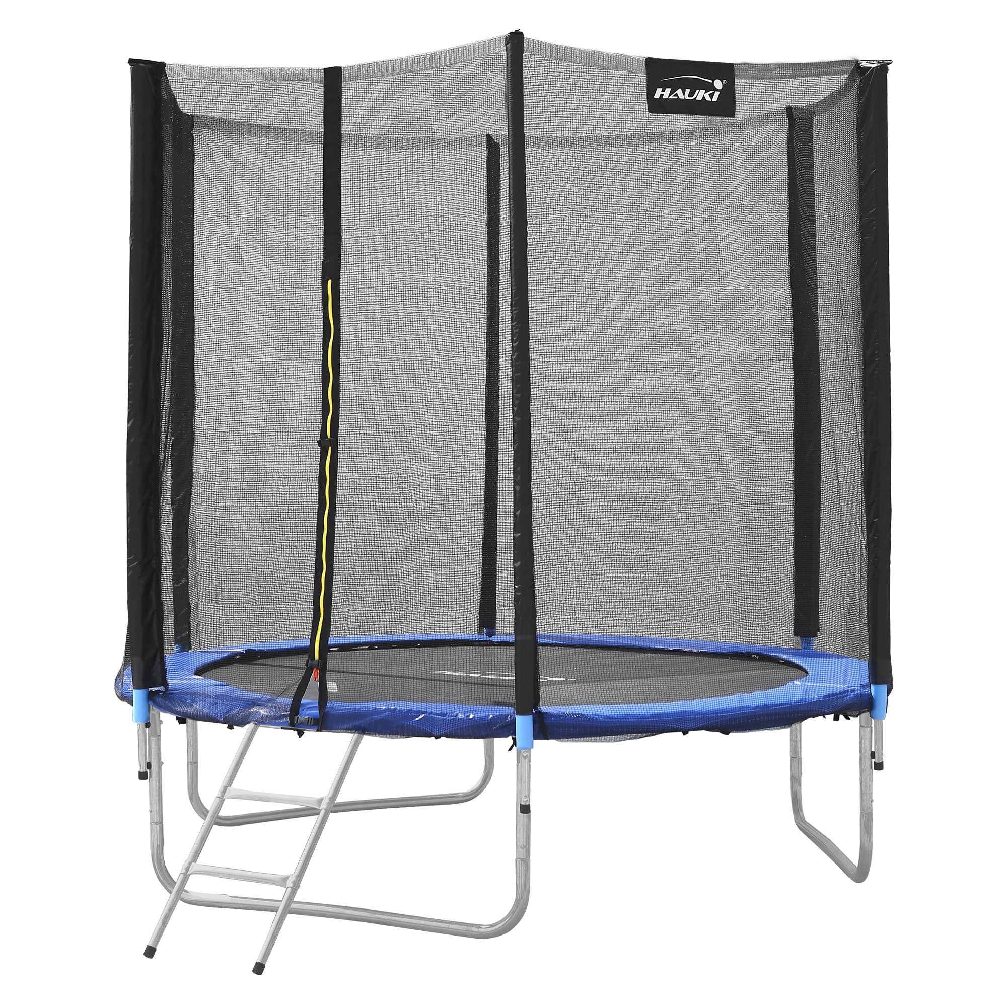 Rundes Trampolin mit Sicherheitsnetz und Leiter.