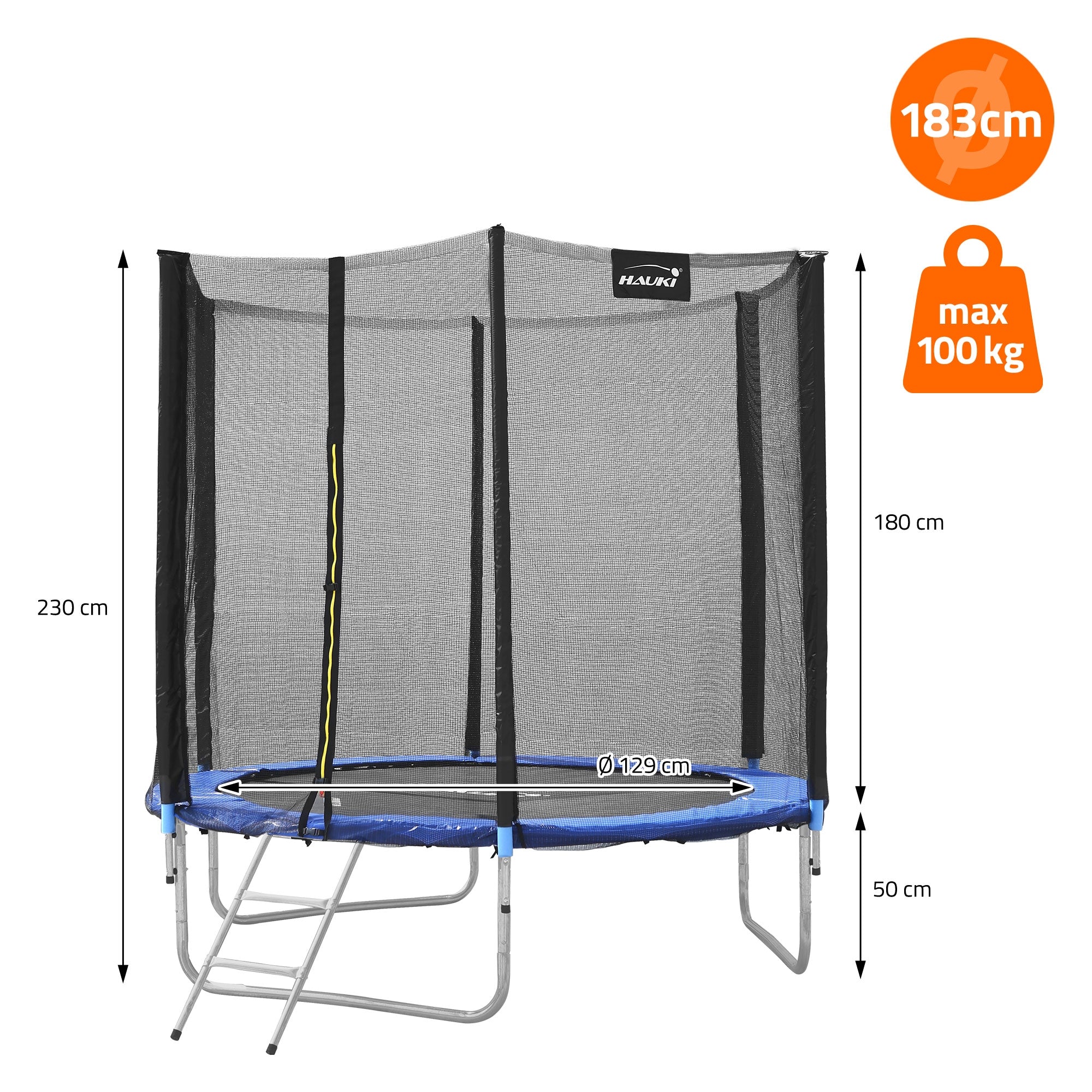 Modrá trampolína se zabezpečovací sítí, max. 100 kg, výška 180 cm.