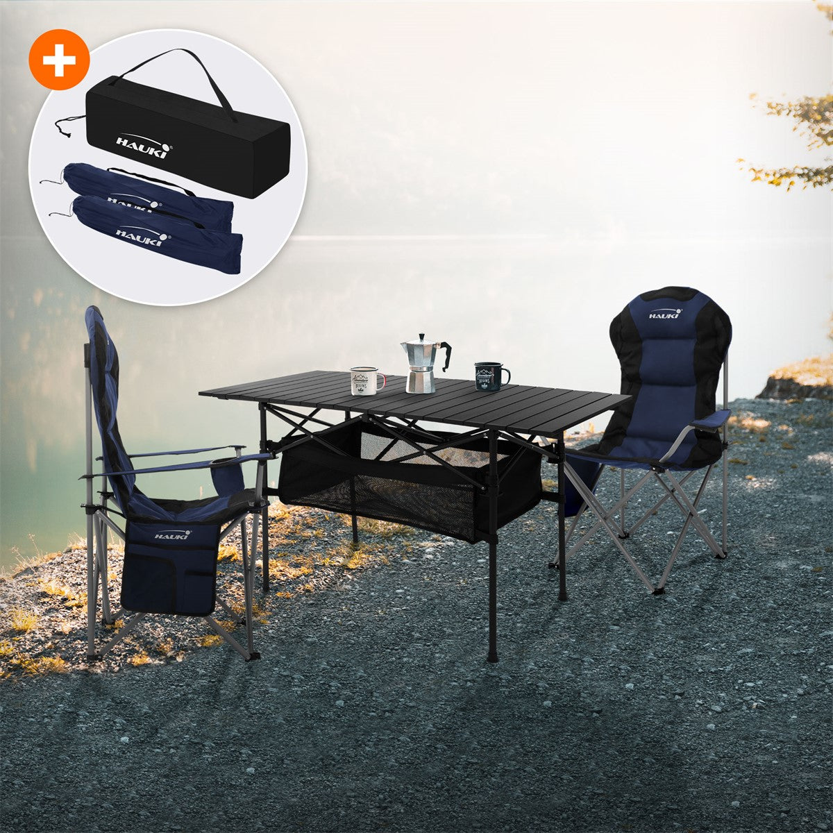 Table and chair by the water, with coffee cups and a pot.