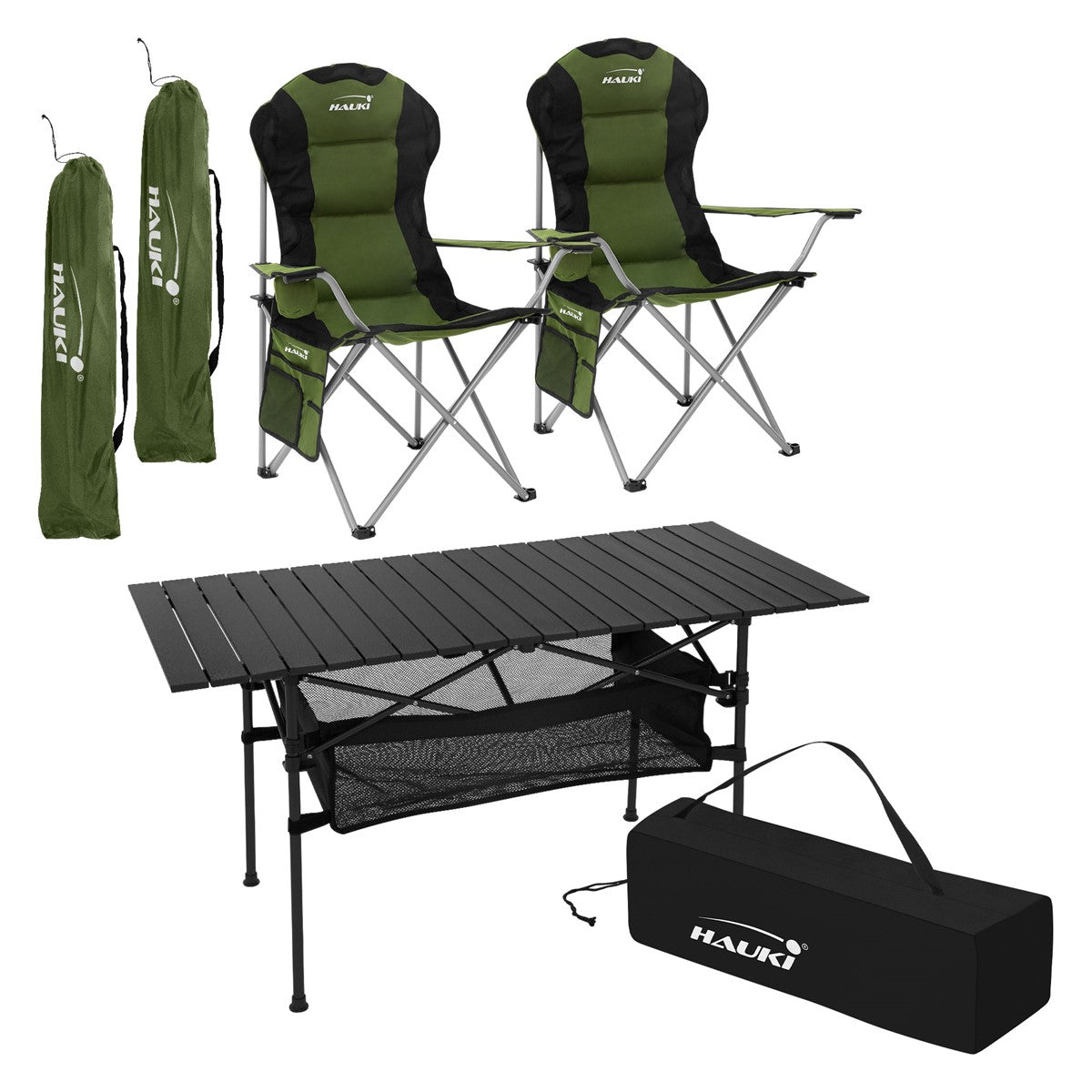 Camping table and two green chairs with a black carrying bag.