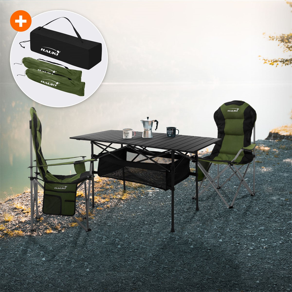 Camping furniture set with a table, two chairs and a carrying bag.