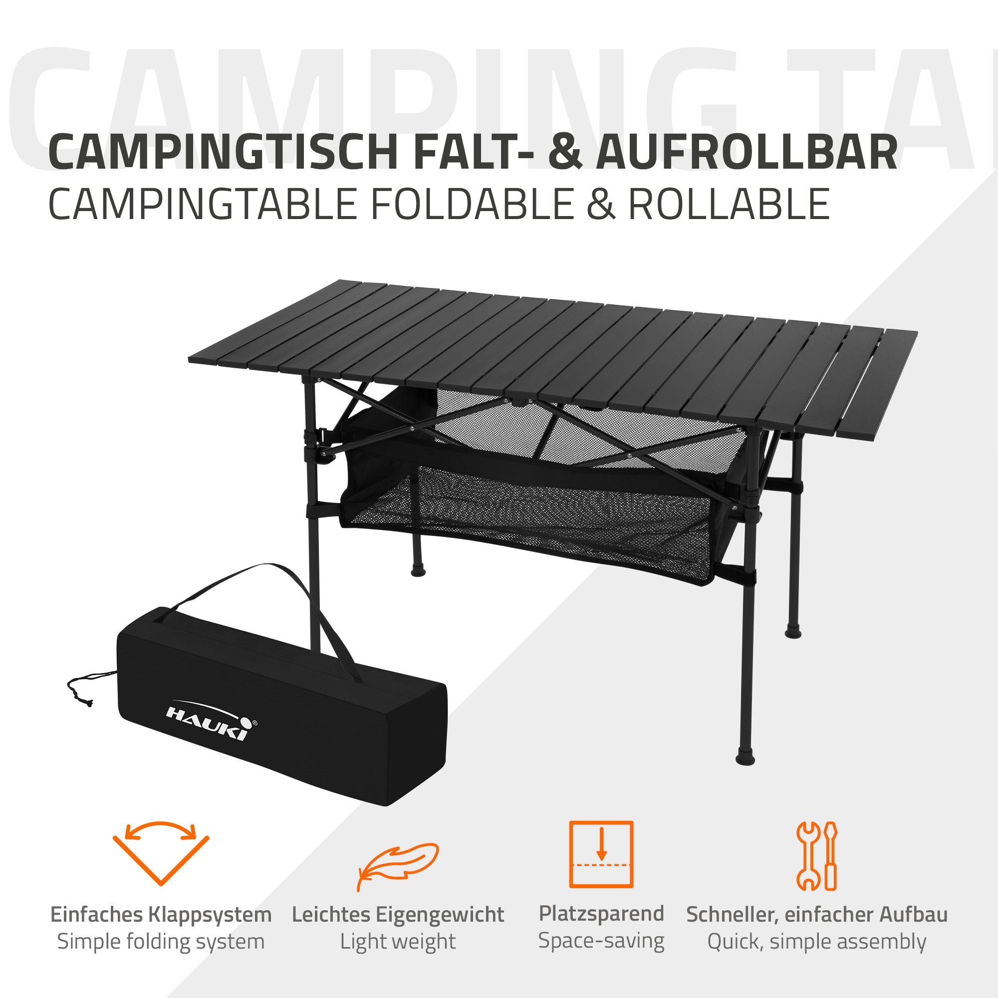 Faltbarer Campingtisch mit einem schwarzen Tragebeutel.