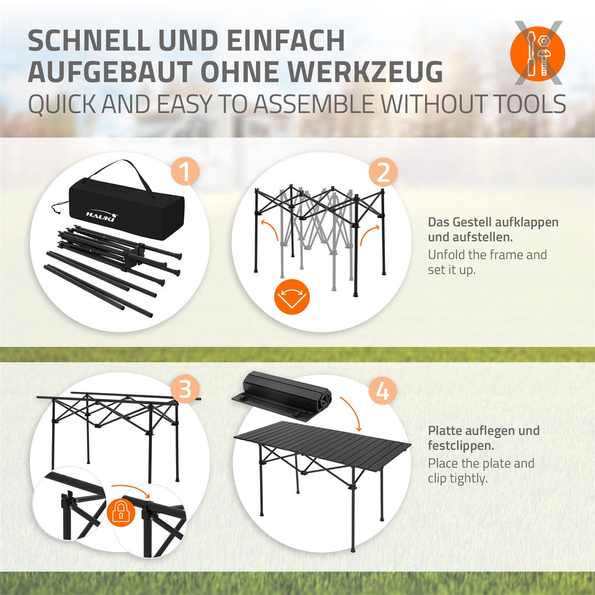 Anleitung zum Aufbau eines Campingtisches ohne Werkzeug, mit vier Schritten.