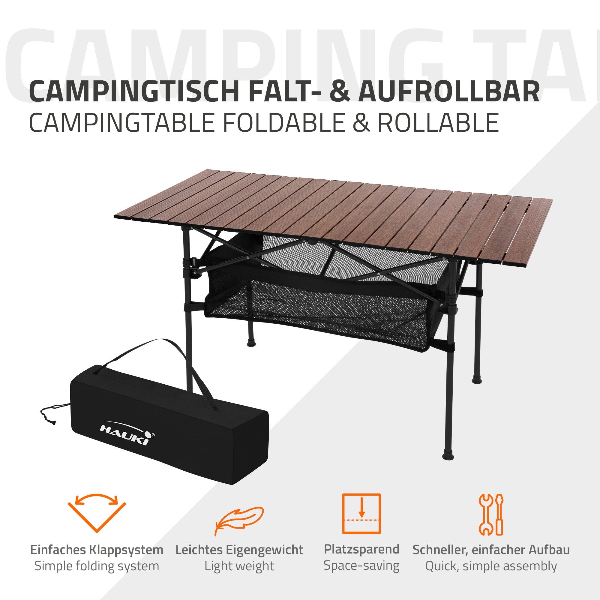 Faltbarer Campingtisch mit Beschreibung und Symbolen.
