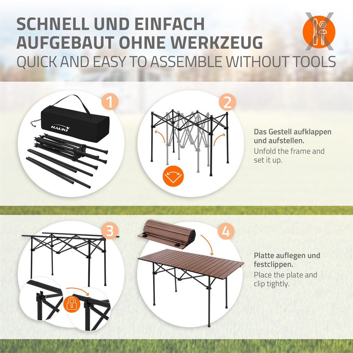 Anleitung zum einfachen Aufbau eines Tisches ohne Werkzeug.