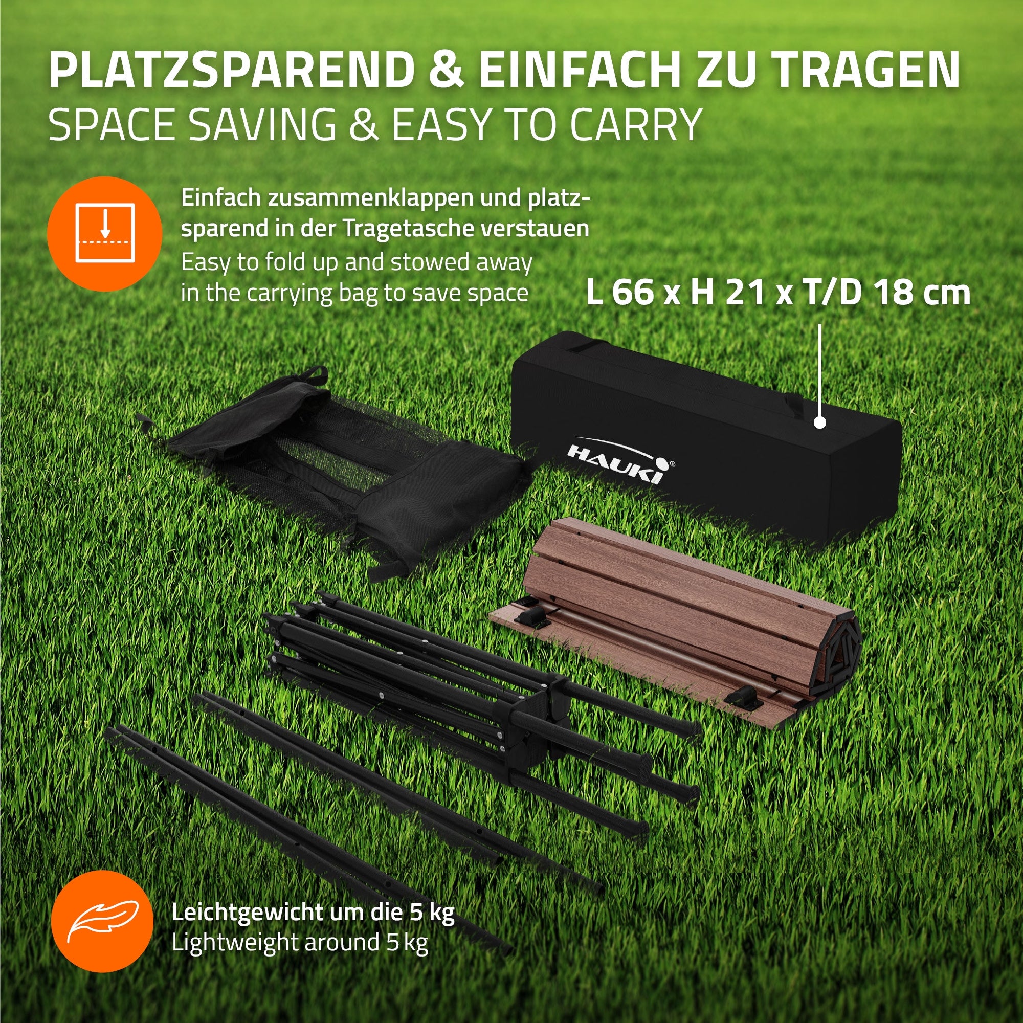 Gráfico que muestra una mesa plegable y bolsa de transporte, fácil de transportar.