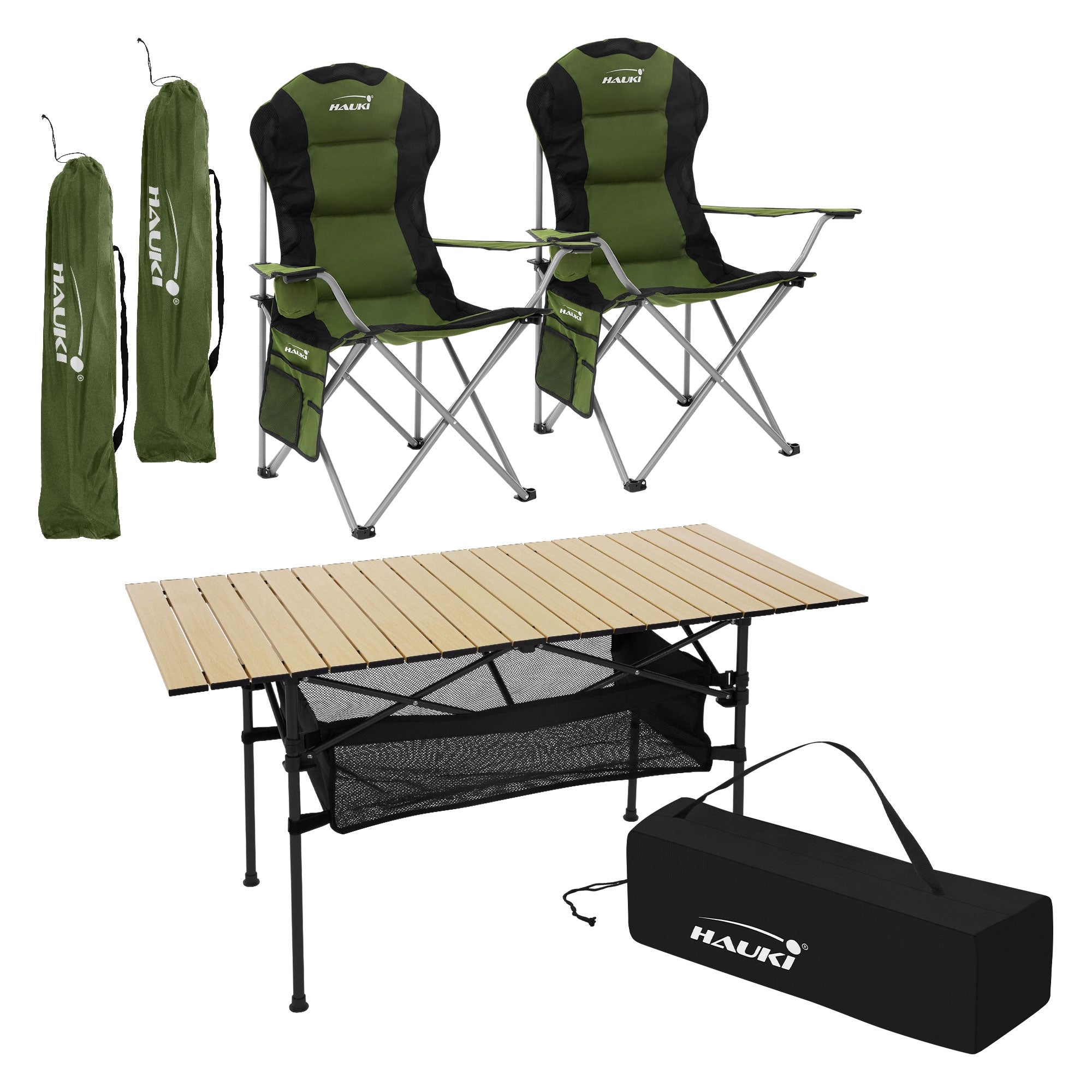 Set mit zwei Campingstühlen, einem Tisch und Tragetasche.
