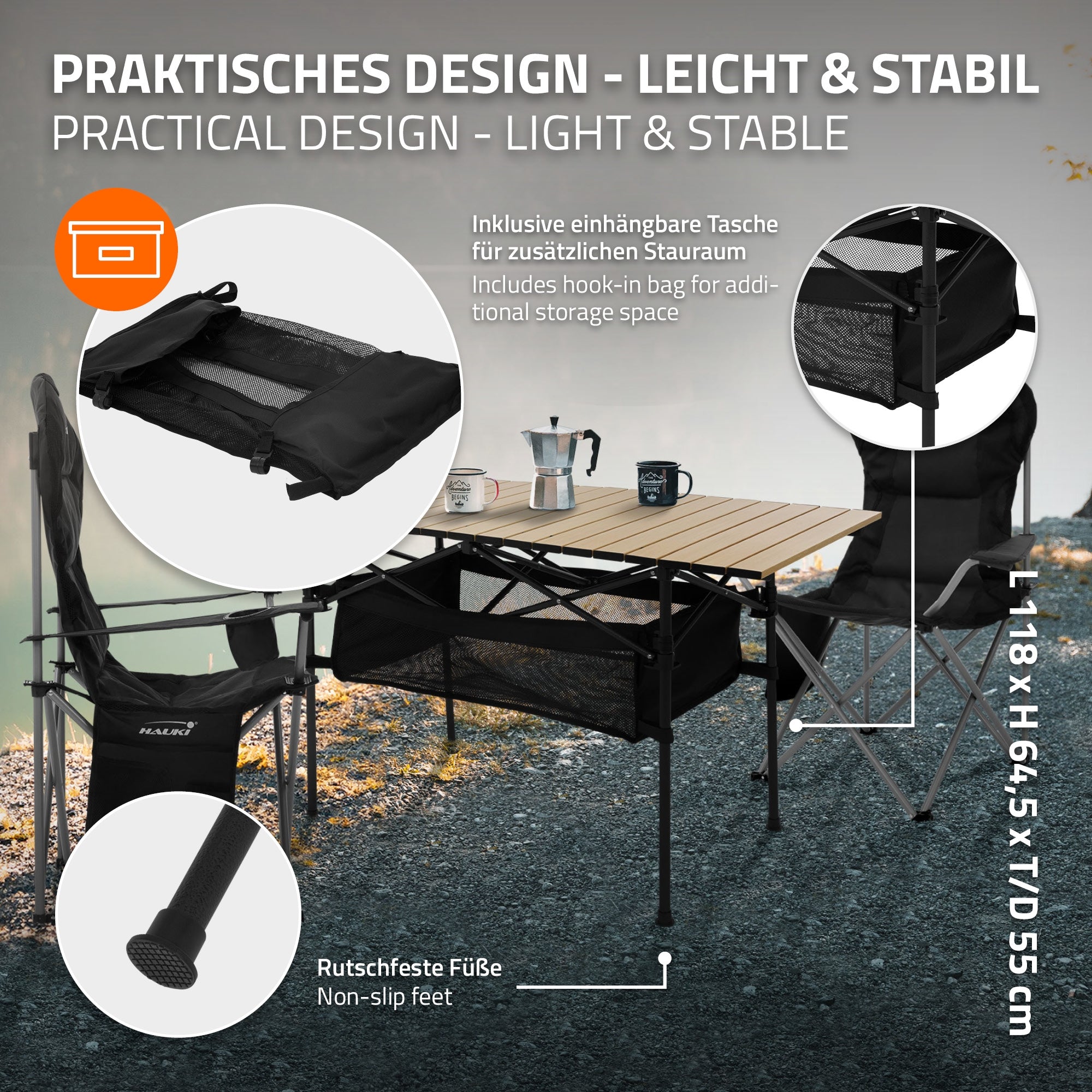 Grafik mit einem stabilen Campingstuhl und Tisch, inklusive einhängbarer Tasche.