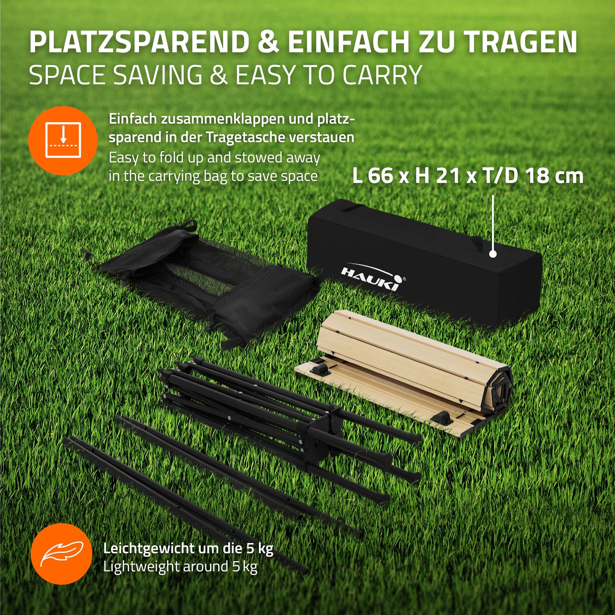 Folded camping furniture and a carrying bag on a light background.
