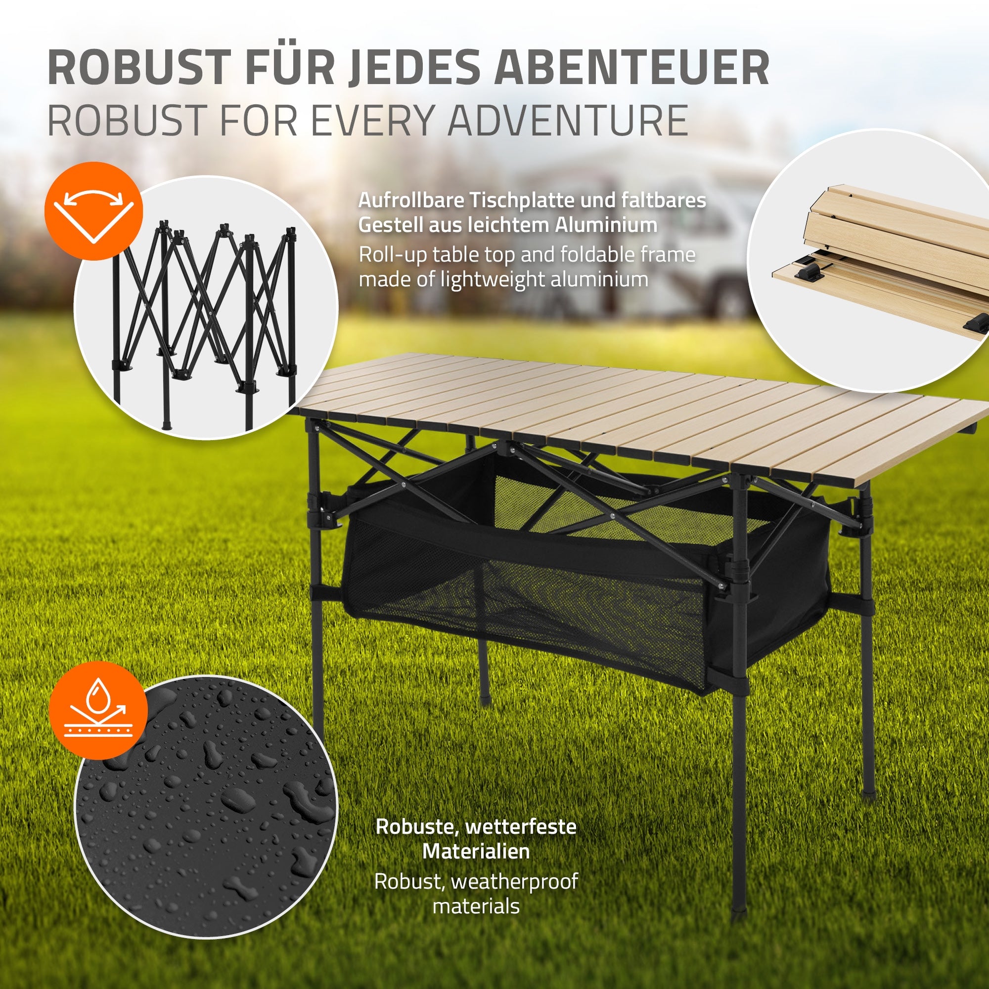 Mesa de camping plegable con tablero de madera y estructura negra.