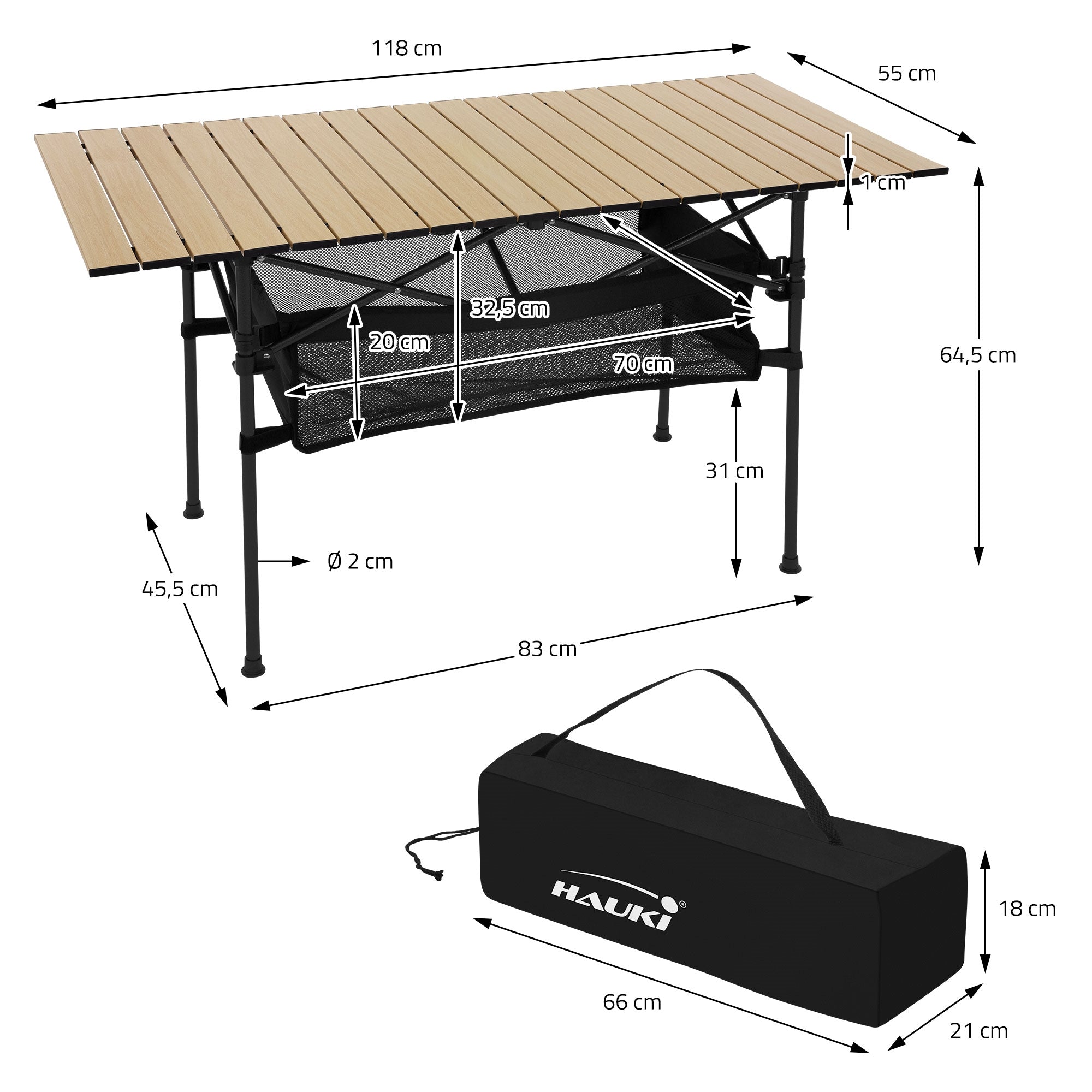 Dibujo de medidas para una mesa con tablero de madera y espacio de almacenamiento debajo.