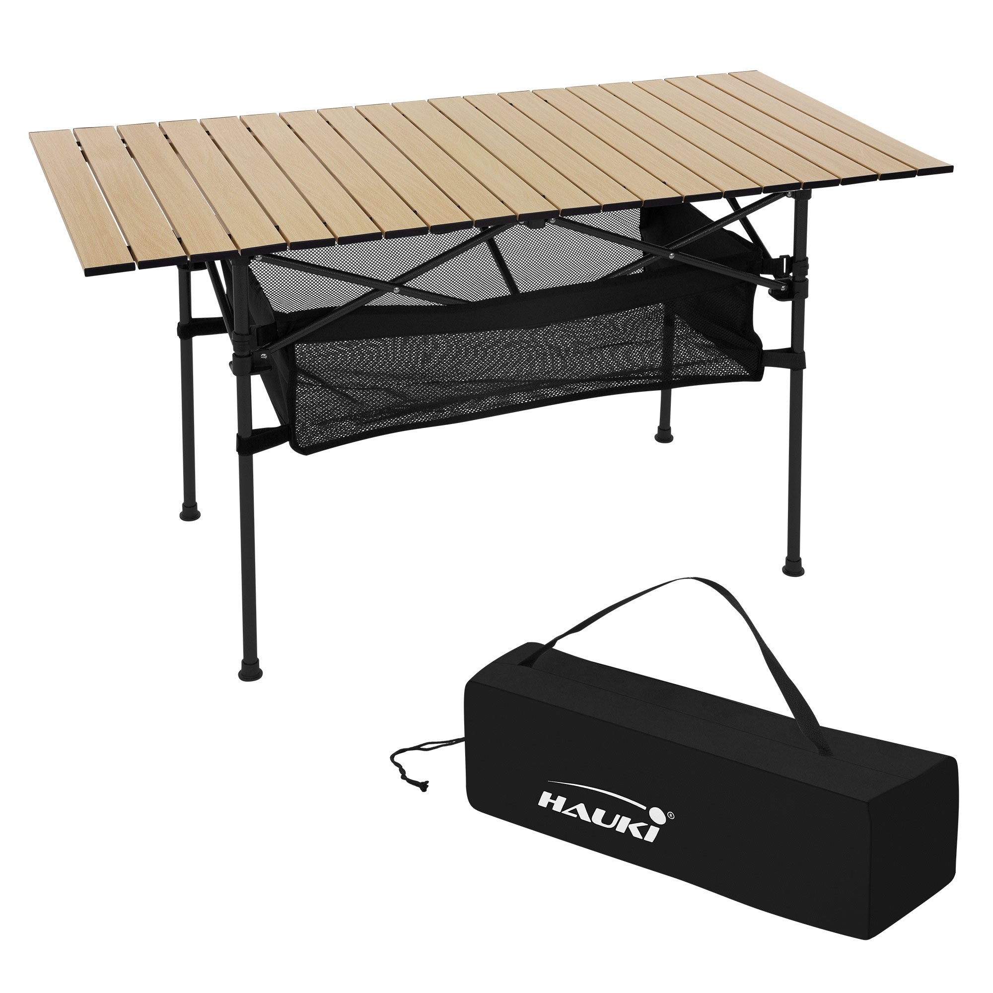Faltbarer Campingtisch und Tragetasche in schwarz.