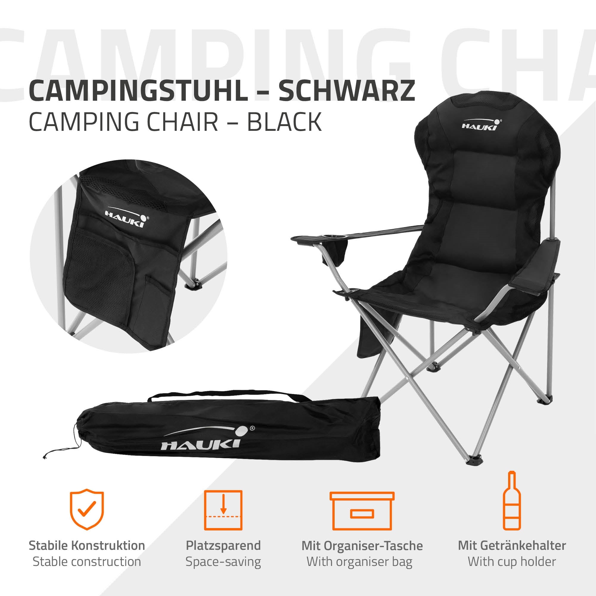 Schwarzer Campingstuhl von Hauki mit Organizer-Tasche und Getränkehalter.