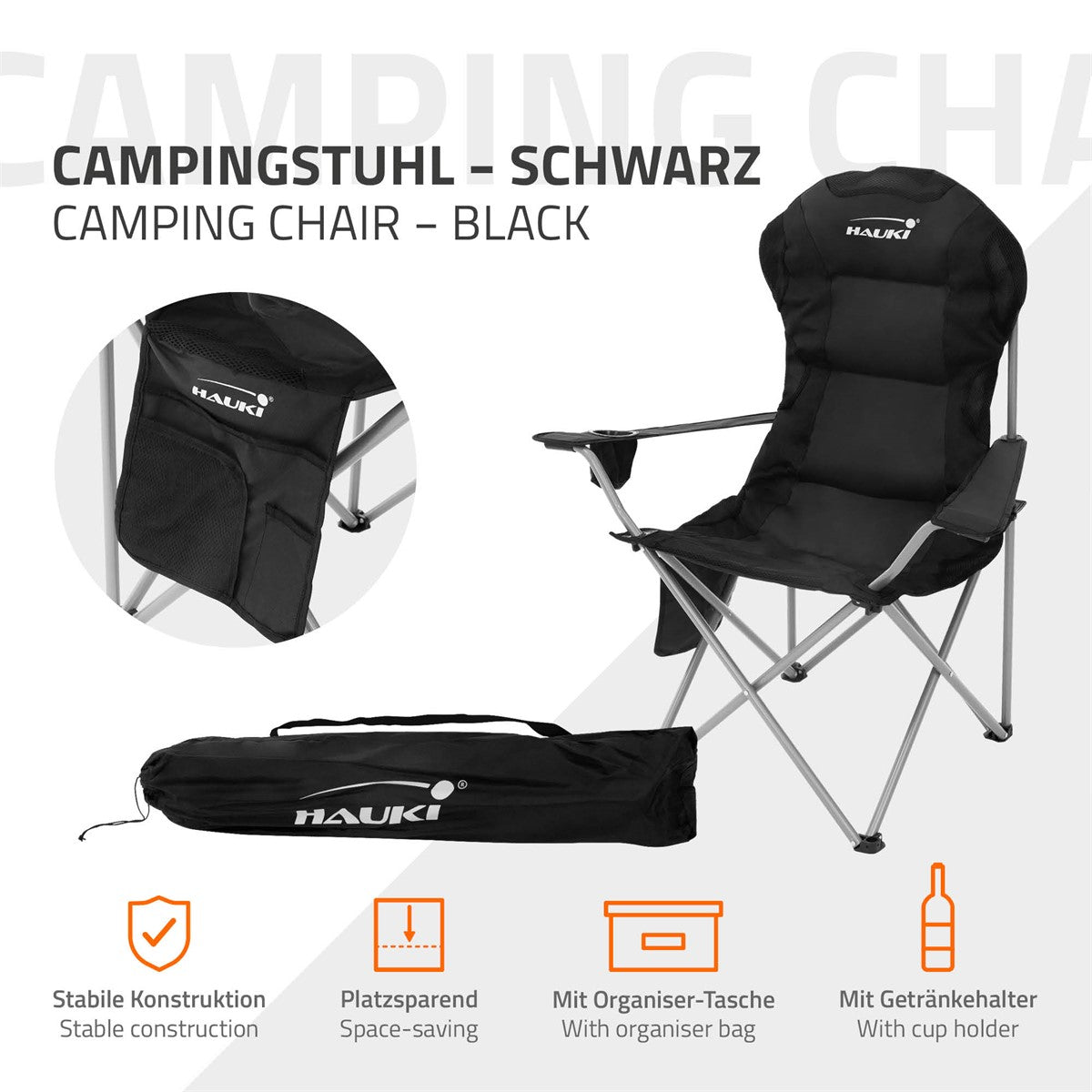 Schwarzer Campingstuhl von Hauki mit Organizer-Tasche und Getränkehalter.