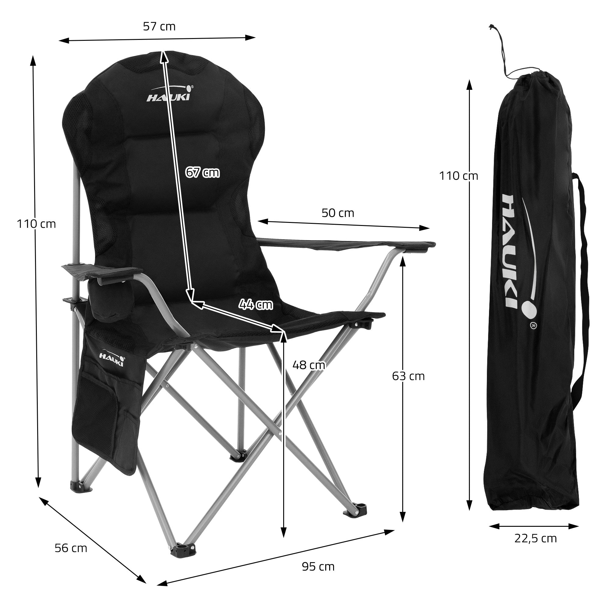 Sort campingstol med mål ved siden af bæretaske.