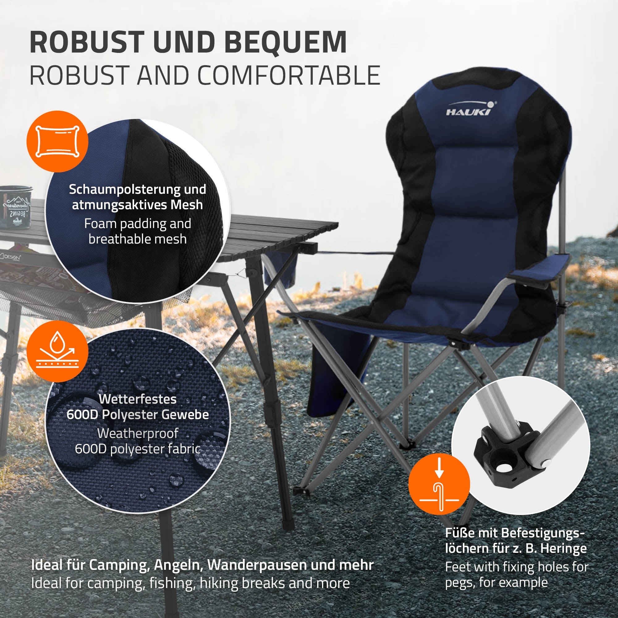 Bild eines Campingstuhls mit Schaumstoffpolsterung und wetterfestem Material.