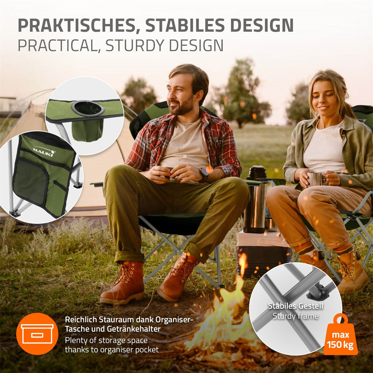 Campingstoel met een opbergtas en bekerhouder.