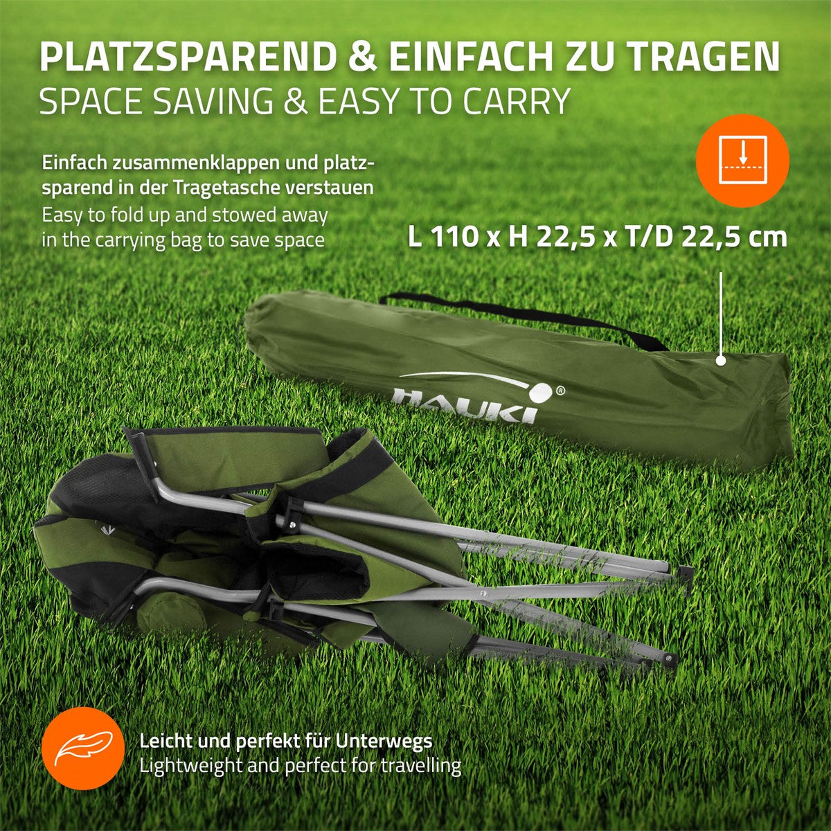 Draagtas voor campingstoel, groen met afmetingen.