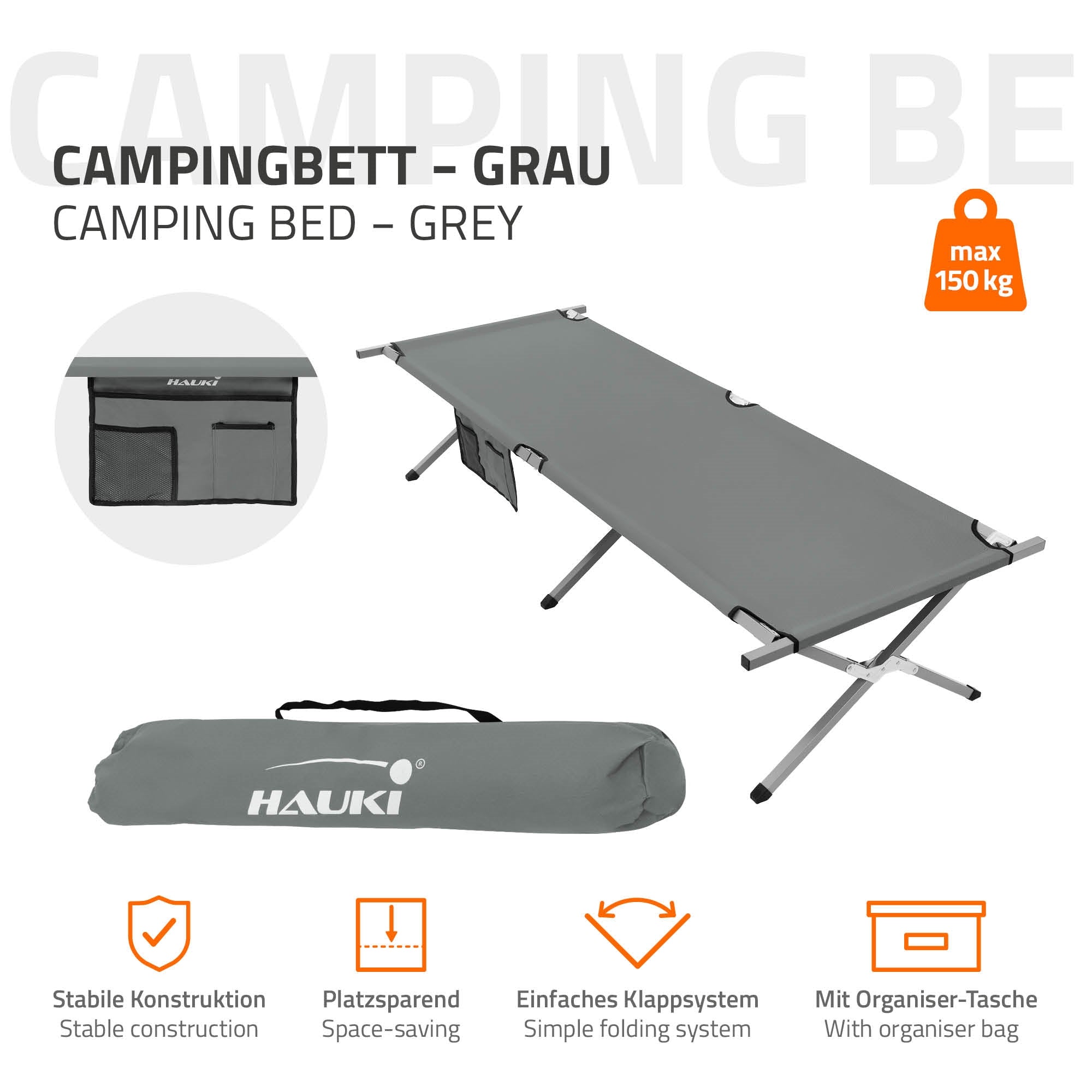 Graues Campingbett mit Organizer-Tasche und stabiler Konstruktion.