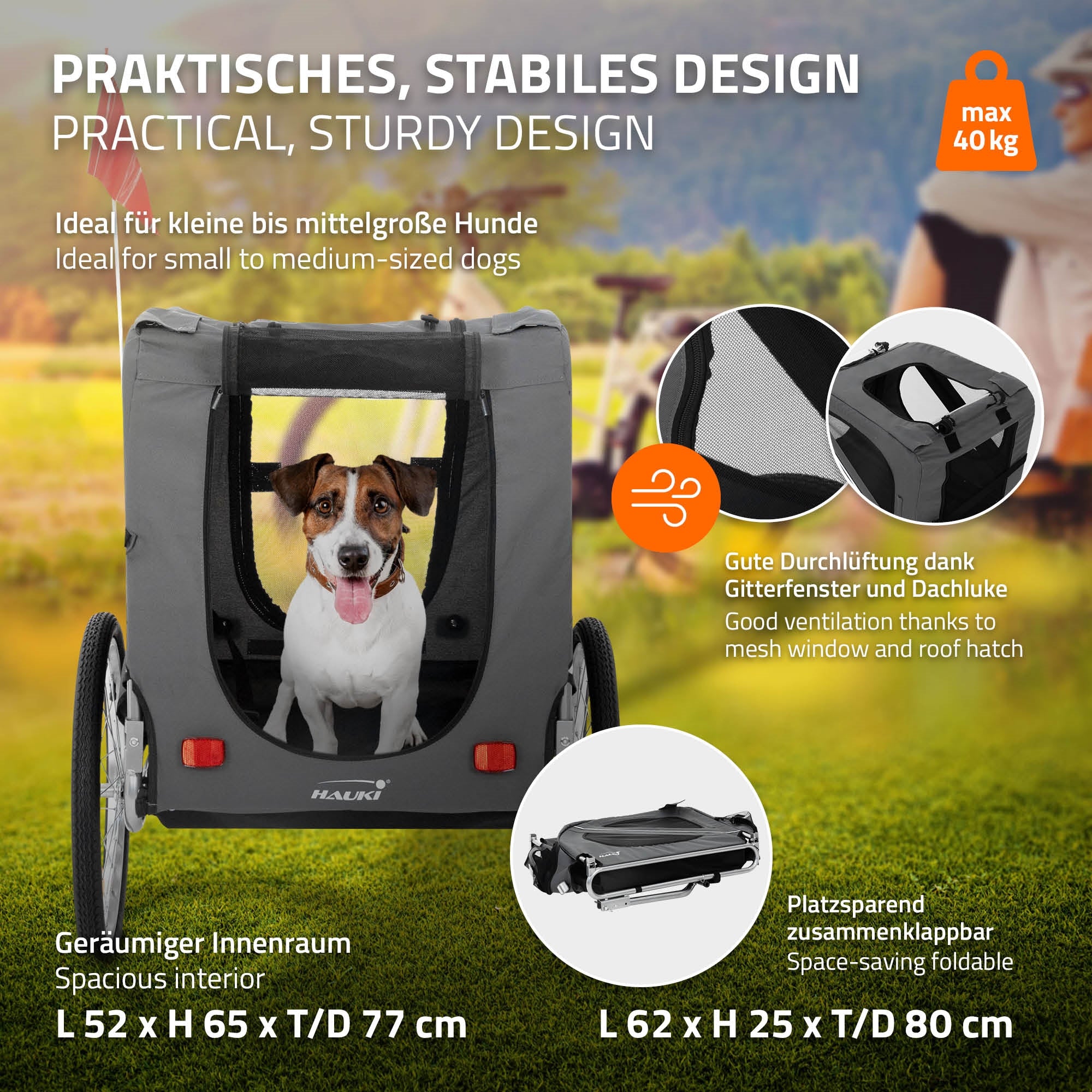 Hund im Fahrradanhänger, graues Design, mit Gitterfenster und Dachluke.