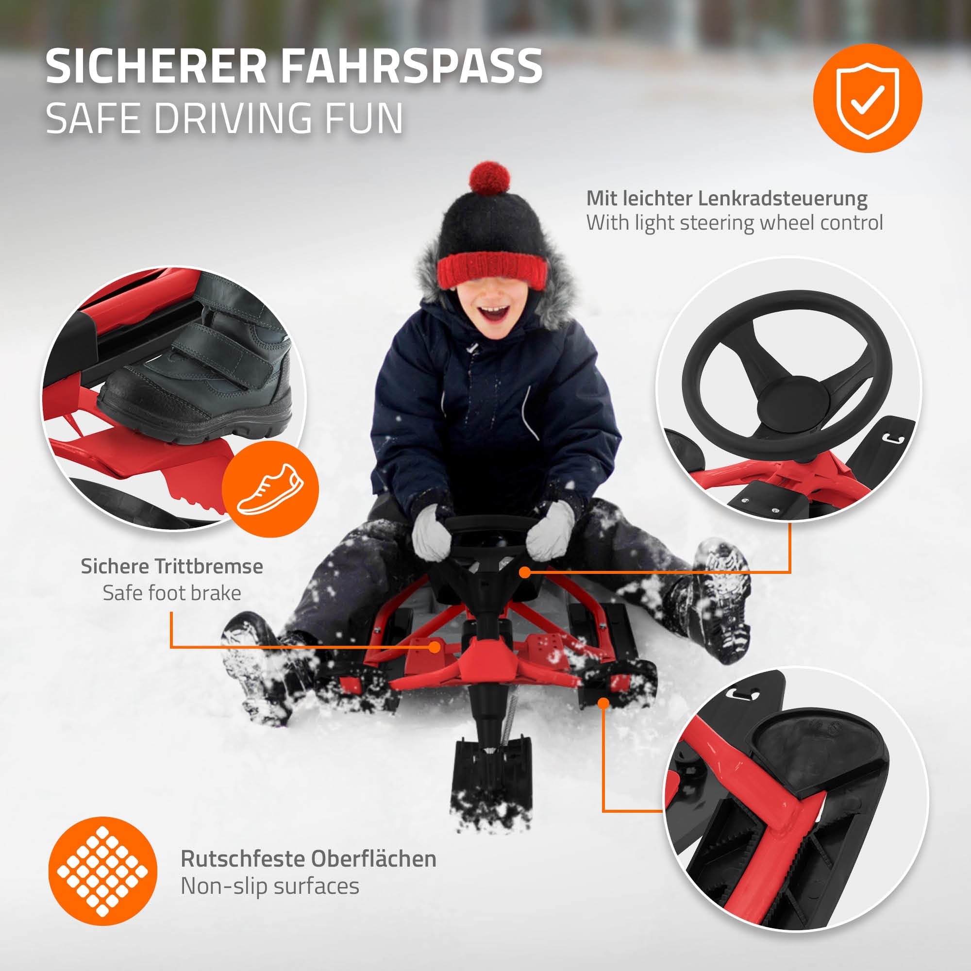 Child riding a red steering sled in the snow, with safety features highlighted.
