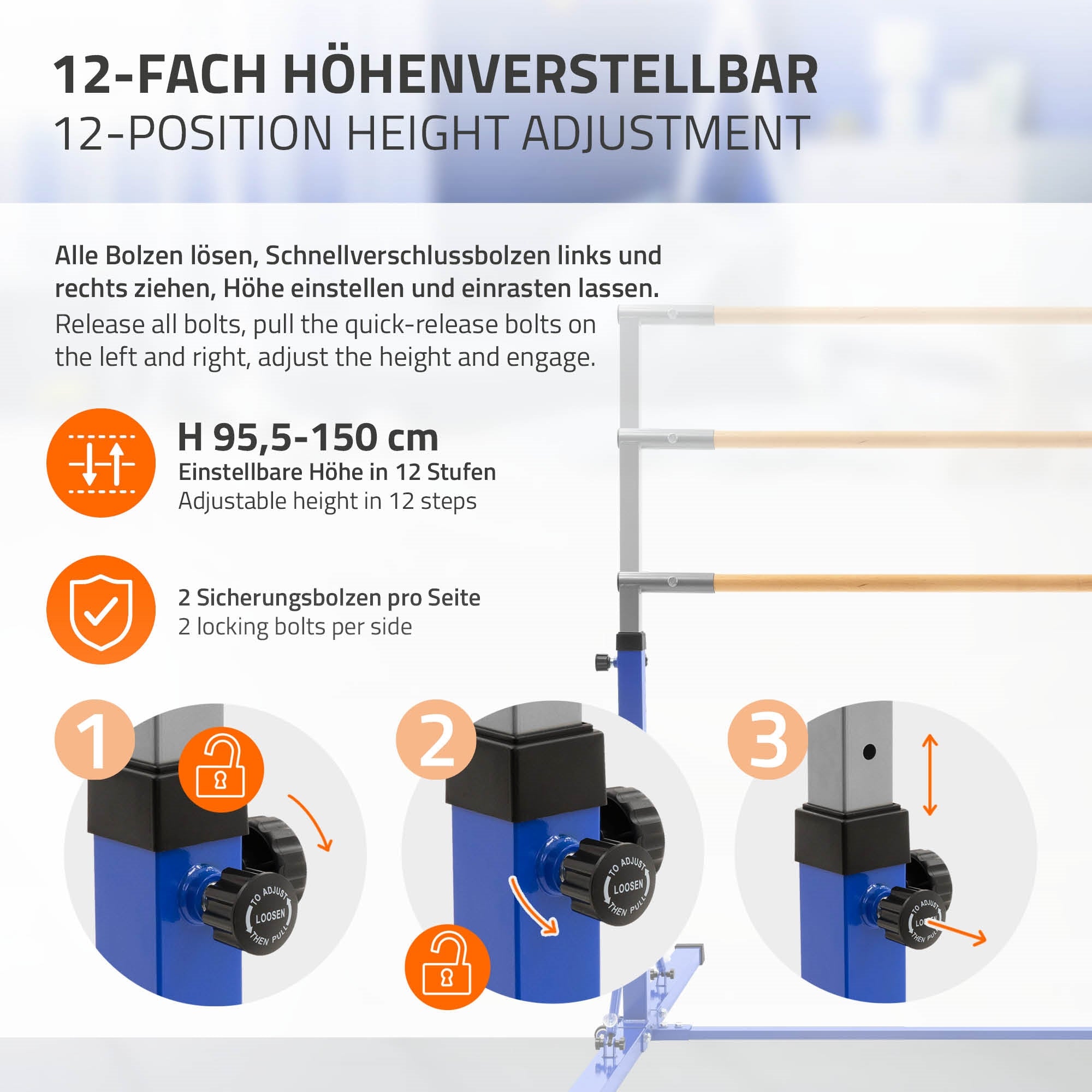 Grafik mit Anleitung zur Höhenverstellung eines Geräts in 12 Positionen.