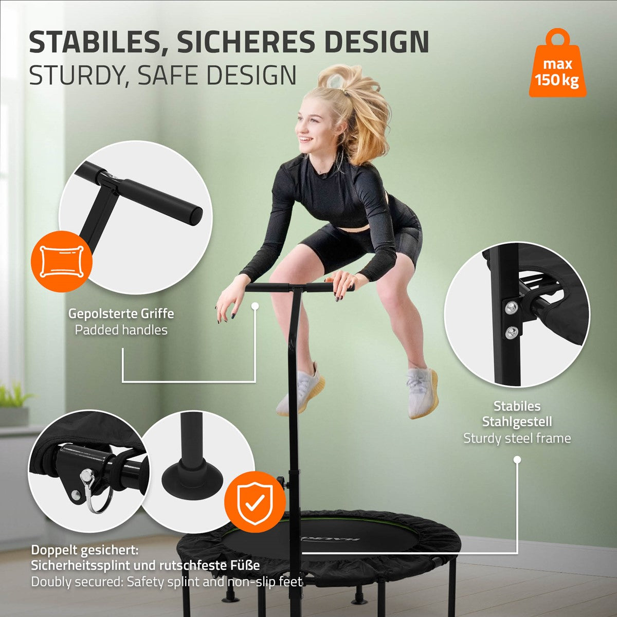 Trampolína s bezpečnostní rukojetí a stabilní konstrukcí, max. 150 kg.
