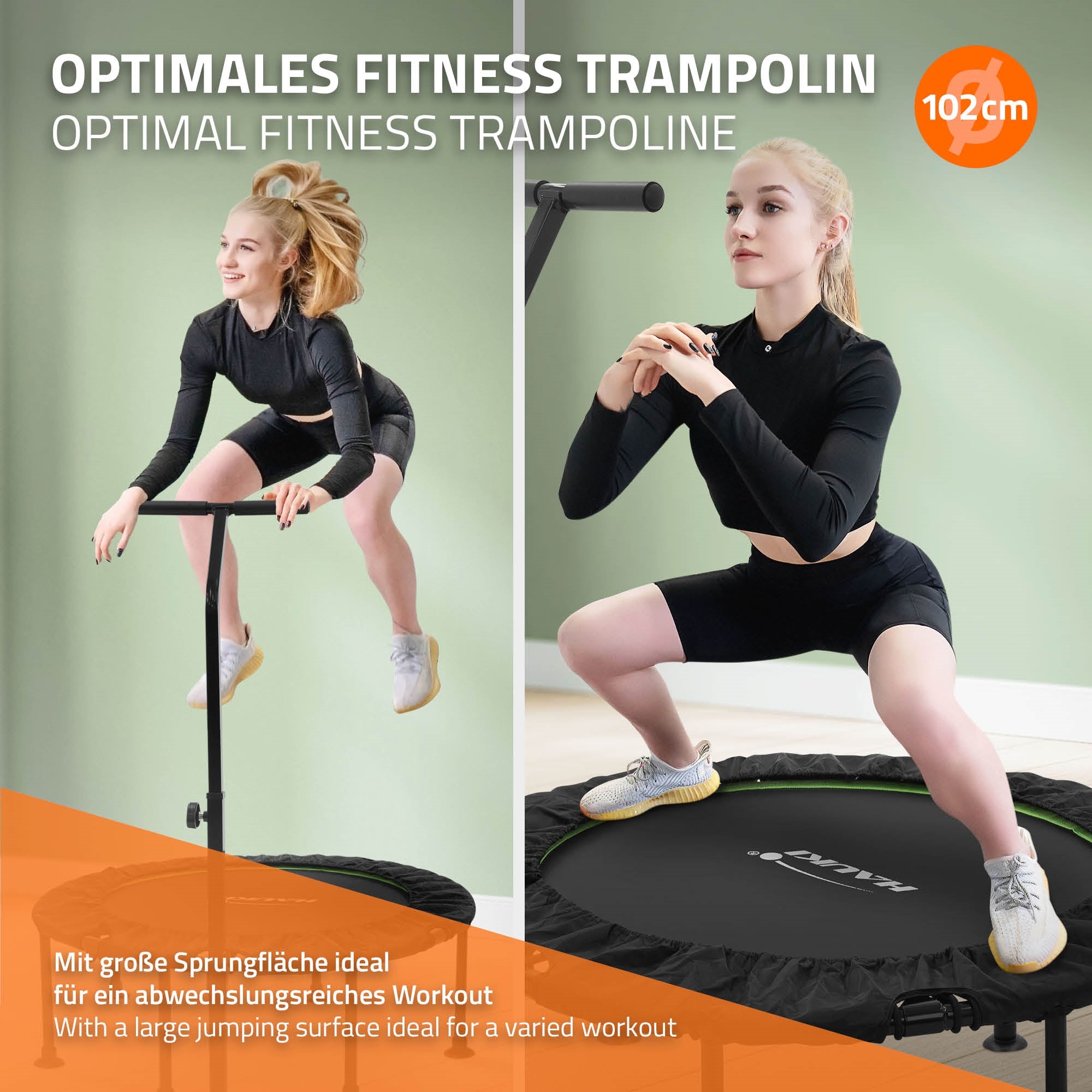 Eine Person springt auf einem Trampolin mit einem Griff.