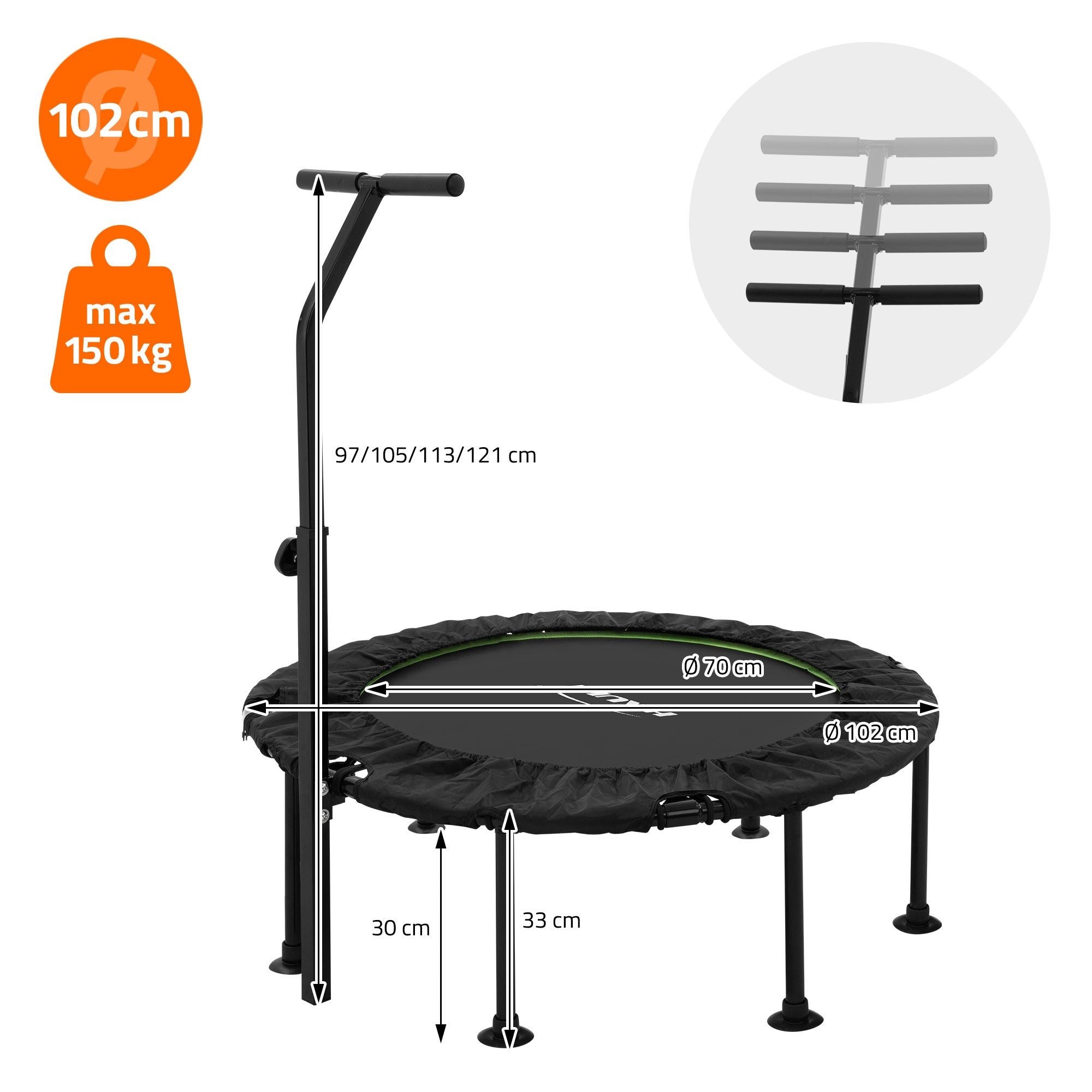 Ein Trampolin mit Maßangaben und einem Griff, auf einem weißen Hintergrund.