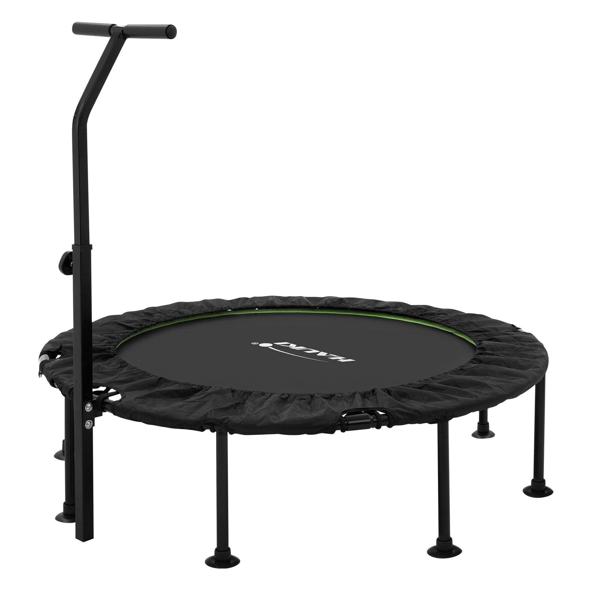 Ein Trampolin mit einem höhenverstellbaren Griff.