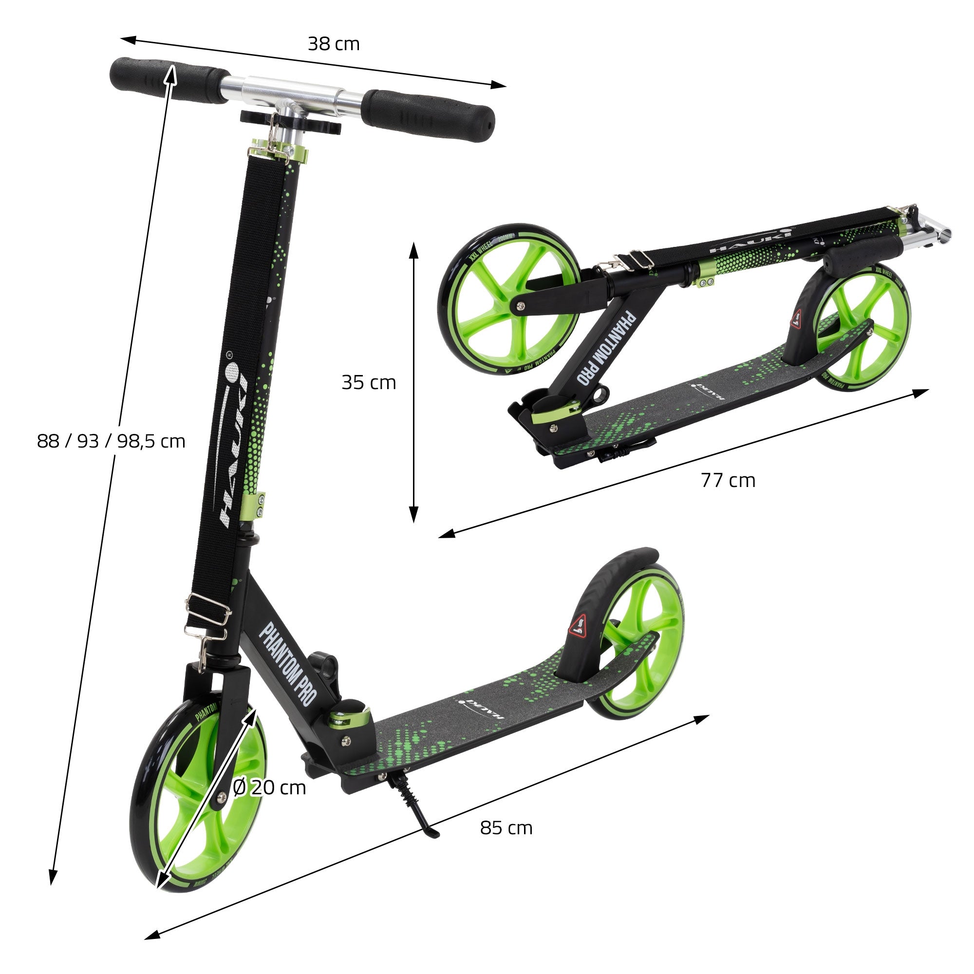 Un monopattino con misure e design pieghevole.