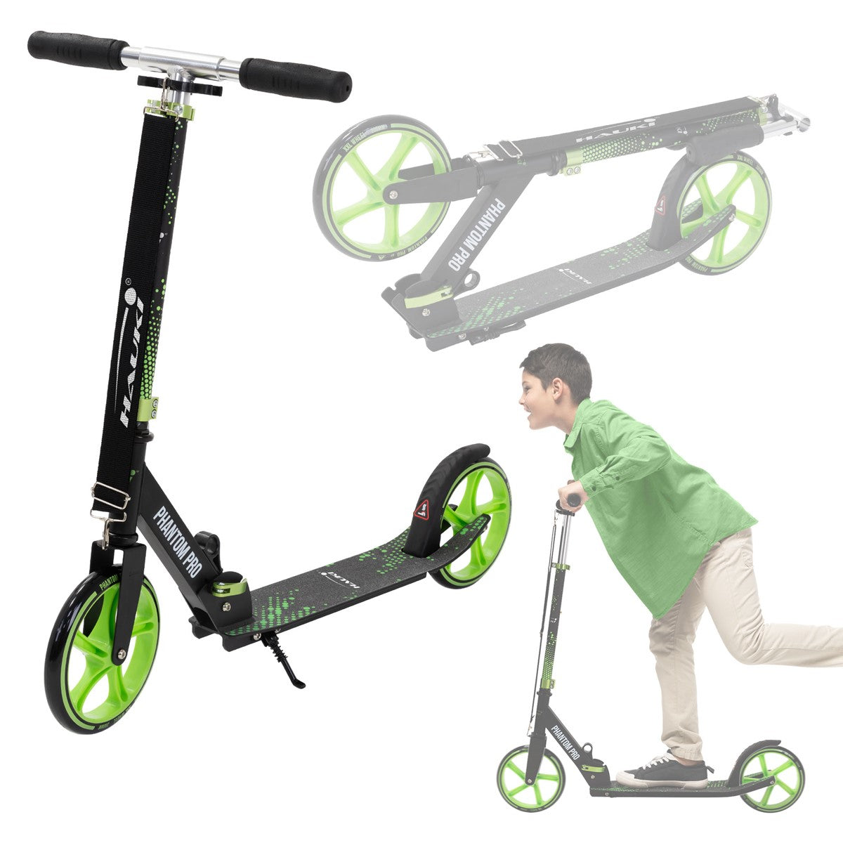Ein Scooter mit grünen Rädern und einem schwarzen Rahmen, in Bewegung.