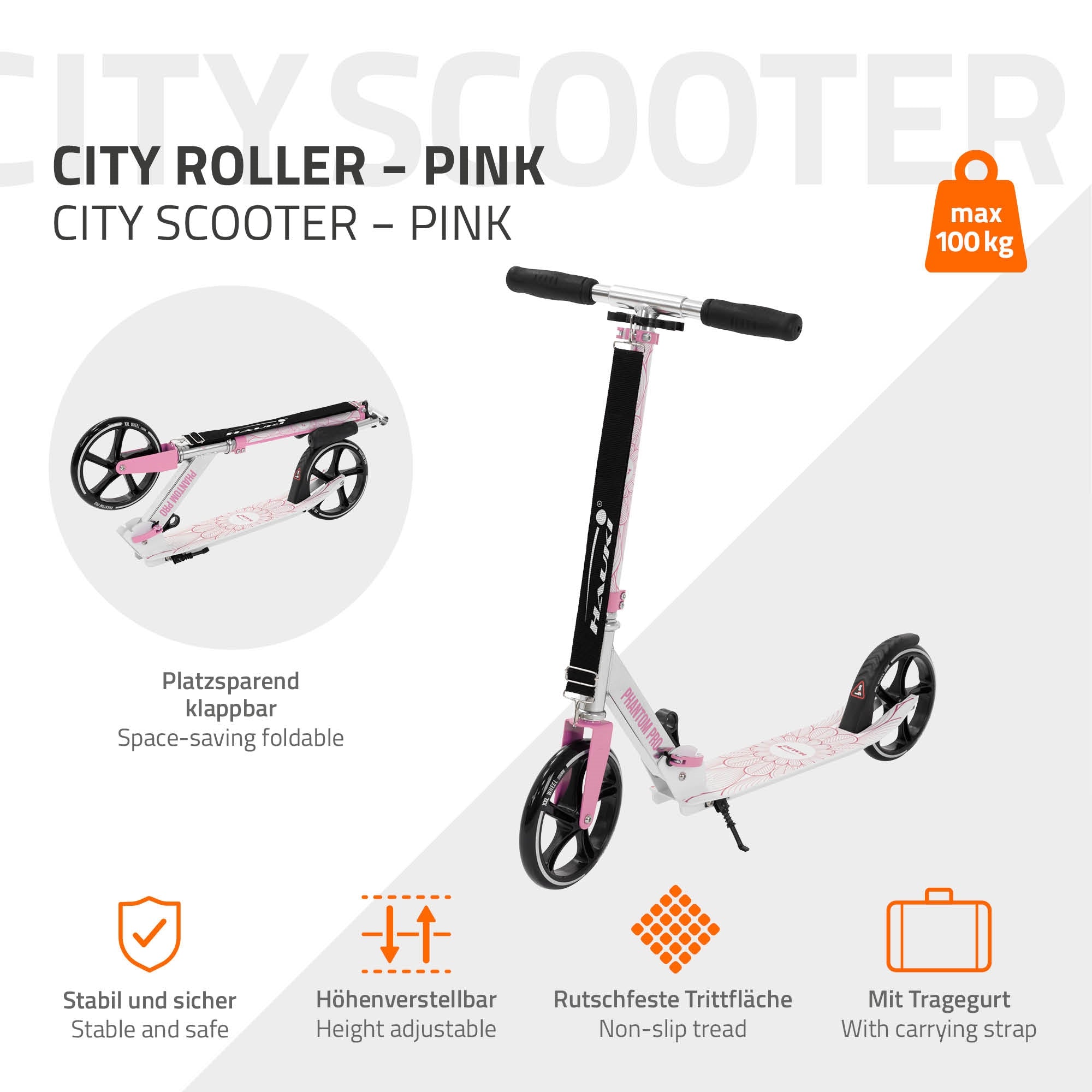 Ein pinker Cityroller mit Informationen zu Eigenschaften und maximalem Gewicht.
