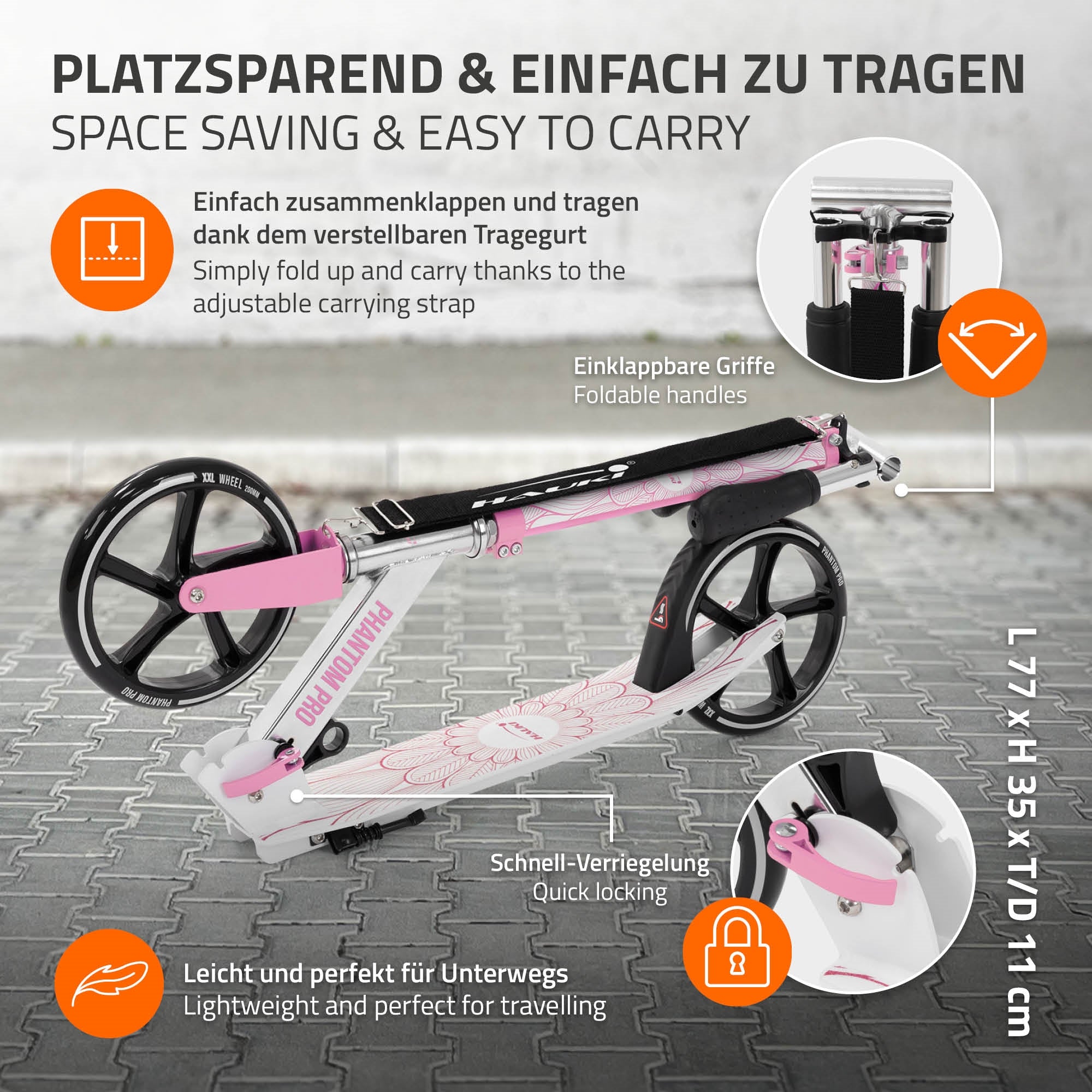 Scooter con maniglie pieghevoli e tracolla regolabile, su sfondo grigio.