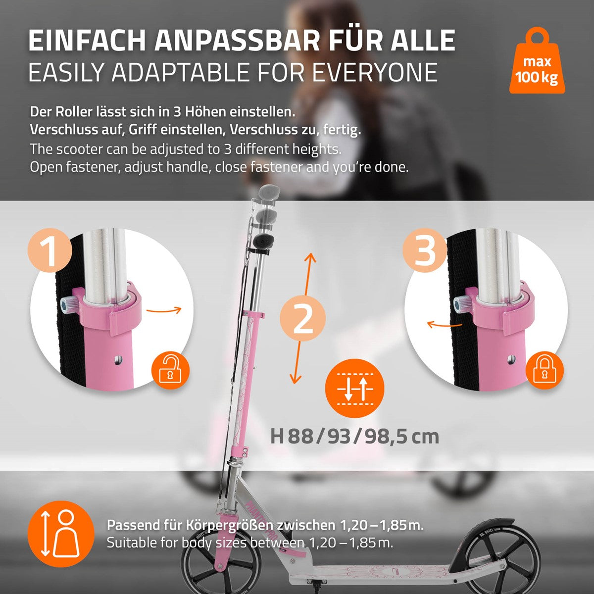 Roller mit verstellbarem Griff, in pink und schwarz.