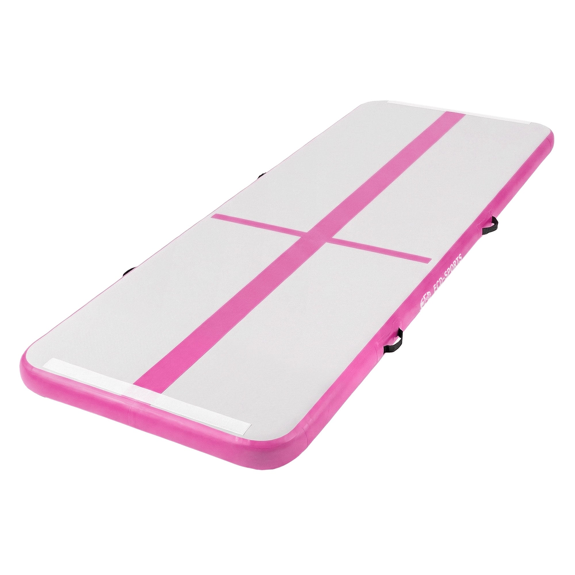 Luftmatratze in pink und weiß, flach auf dem Boden liegend.