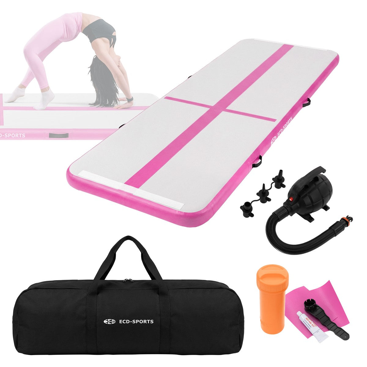 Pink air mattress with pump, carry bag and accessories on a white background.