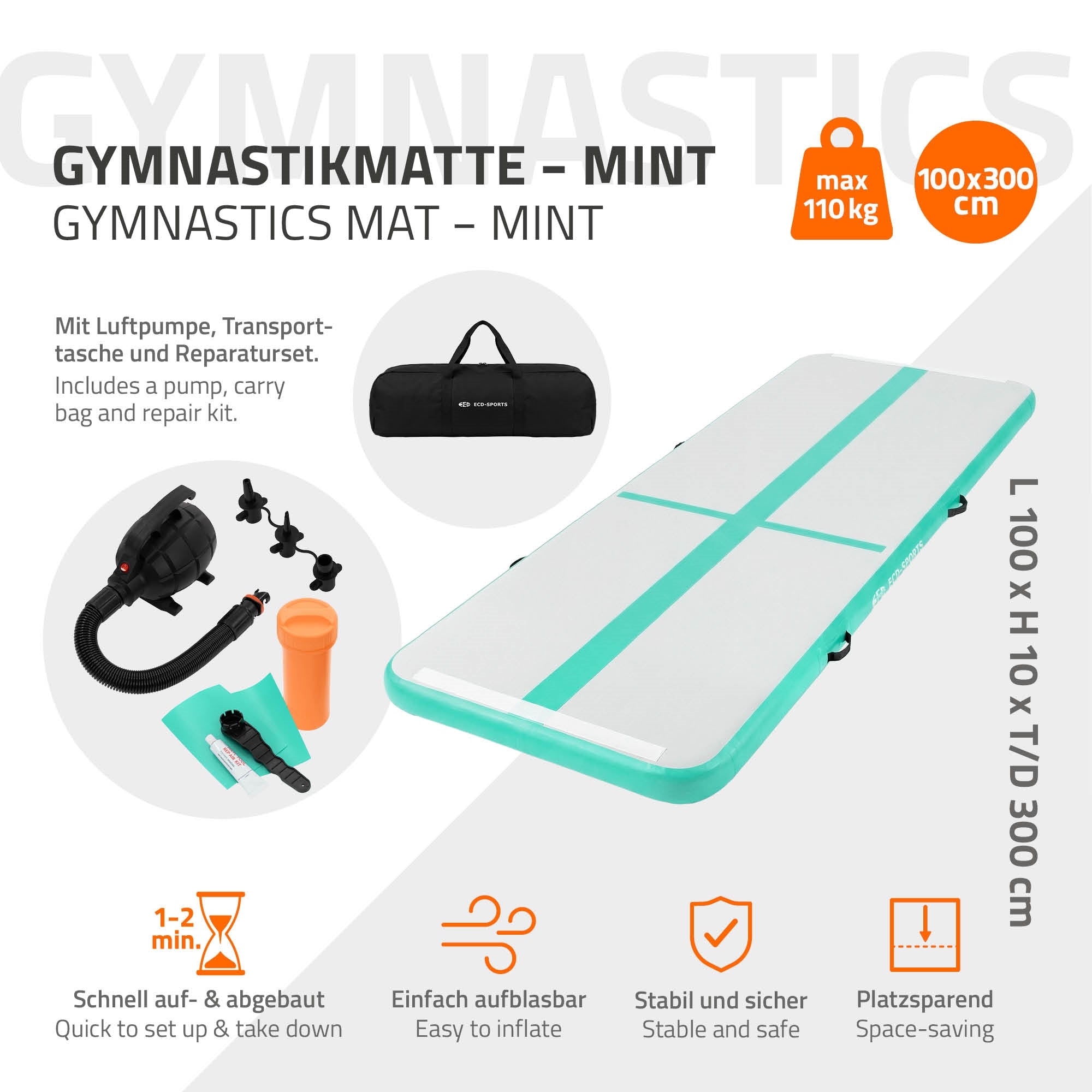 Gymnastikmatte in Mintgrün mit Zubehör wie Pumpe und Tragetasche.