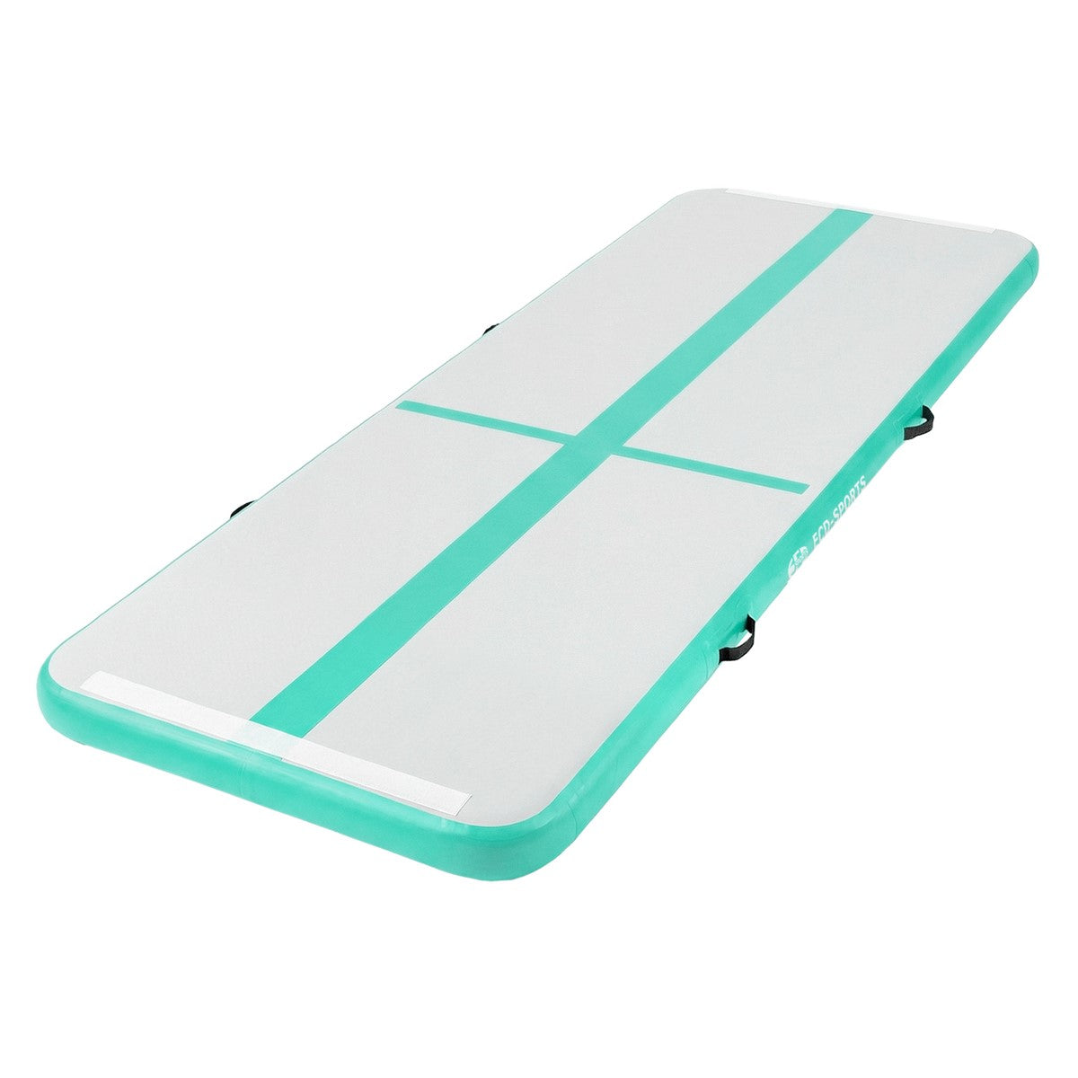 A green gymnastics mat with white stripes on the surface.