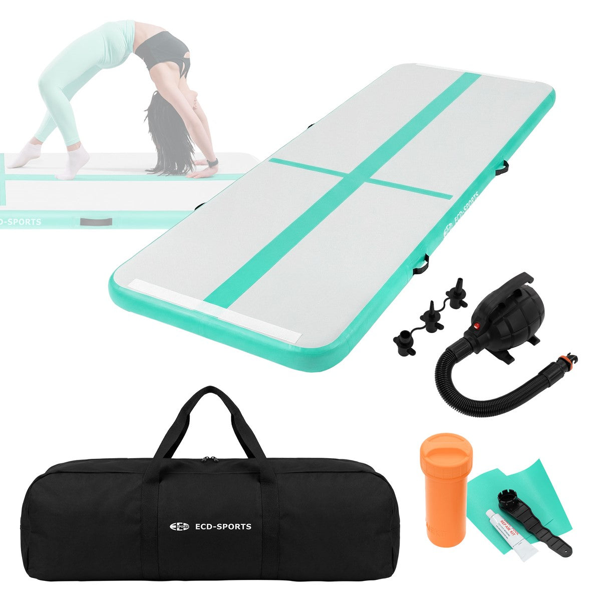 Air mattress with pump, carry bag and accessories on a white background.