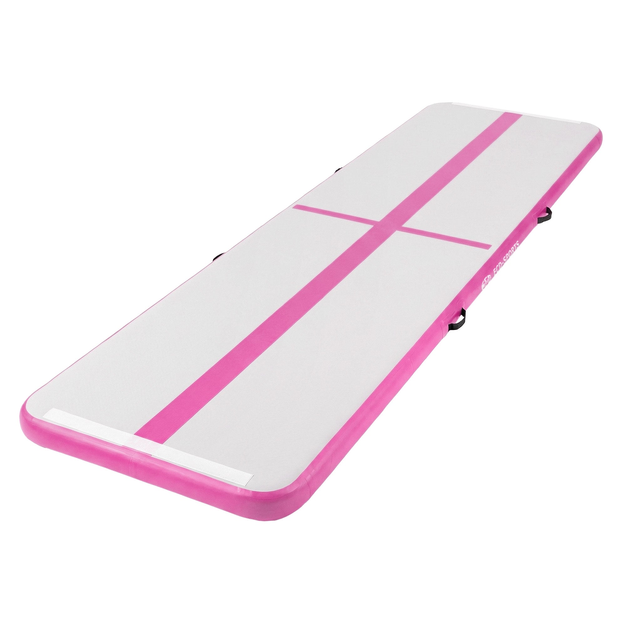 Lange Gymnastikmatte in Grau mit pinken Akzenten, auf einem weißen Hintergrund.