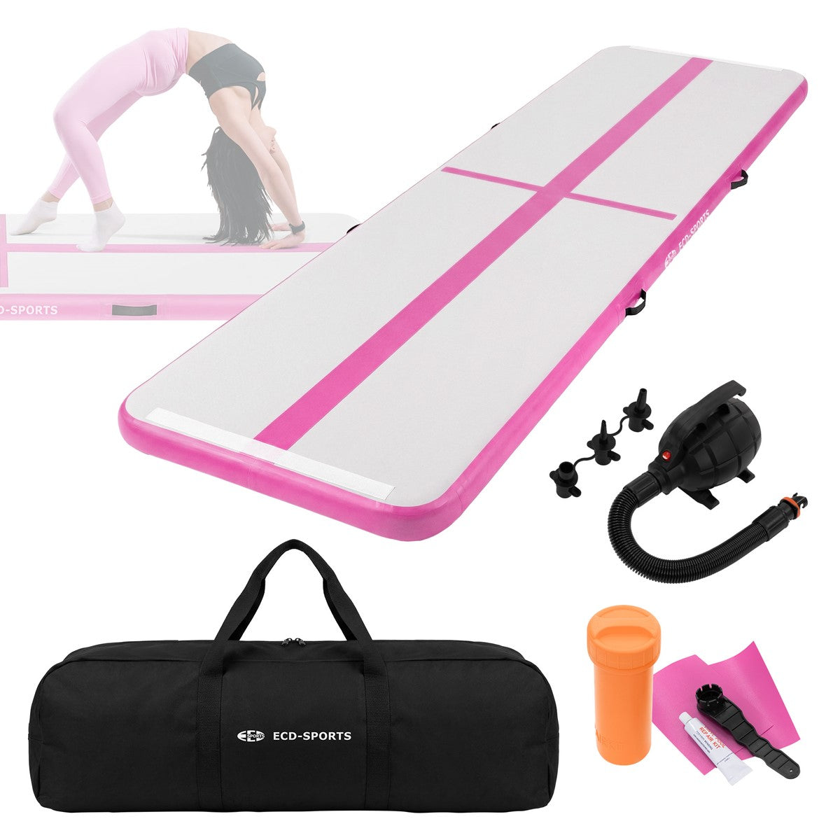 Inflatable mat with accessories, including a pump and carry bag.