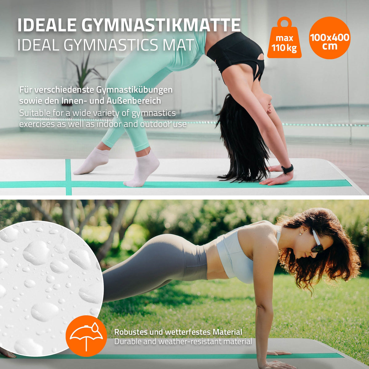 Grafik af en gymnastikmåtte med en person i en øvelse, materialebeskrivelse.
